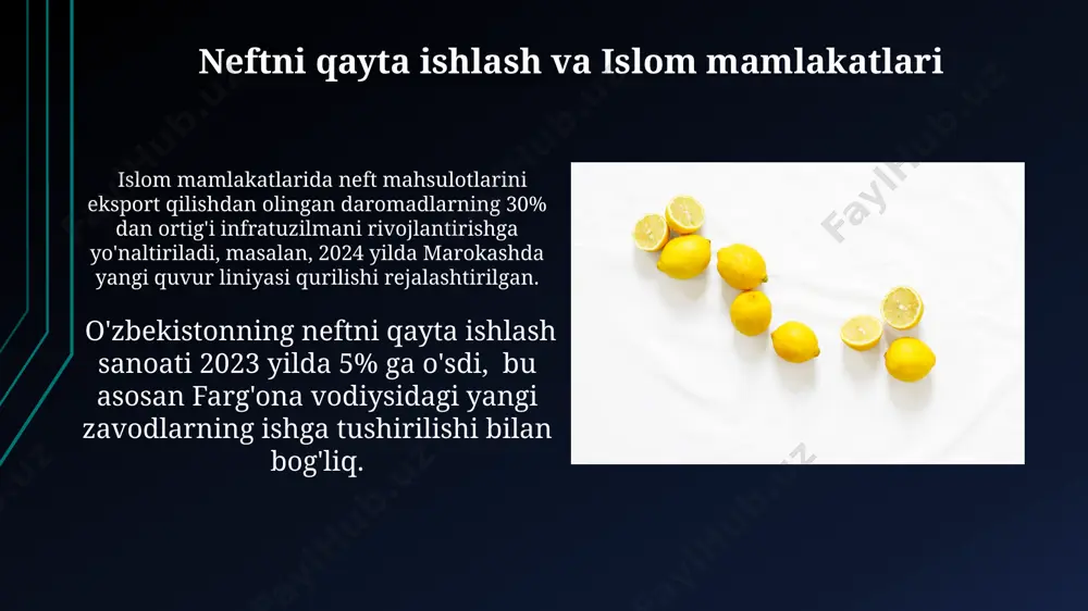 onlarining katta zaxiralariga ega bo'lib, xitoy va rossiya kabi yirik iste'molchilar bilan shartnomalar tuzadi. islom mamlakatlaridagi neft zaxiralari saudiya arabistoni jahon neft zaxirasining taxminan 18% ini egallab, taxminan 266 milliard barrel neftga ega bo'lib, dunyodagi eng yirik neft zaxirasiga ega davlat hisoblanadi. qozog'iston markaziy osiyoda muhim neft ishlab chiqaruvchi hisoblanadi va 30 milliard barrelga yaqin isbotlangan neft zaxirasiga ega. muqobil energiya manbalari va islom dunyosi o'rta osiyo mamlakatlarida, masalan, qozog'iston va turkmanistonda, neft va gaz qazib olish hajmi 2022 yilda 15% ga oshgan bo'lib, bu islom dunyosining energiya xavfsizligiga sezilarli hissa qo'shdi. saudiya arabistoni kabi yirik neft ishlab chiqaruvchi mamlakatlar quyosh va shamol energiyasi kabi muqobil energiya manbalariga 50 milliard dollar miqdorida investitsiya qilishni rejalashtirmoqda. neftdan olingan daromadlarni boshqarish qozog'iston neft eksportining 30% dan ortig'ini xitoyga yo'naltiradi va shu orqali neft sotishdan olinadigan valyuta zahiralarini sezilarli darajada oshiradi. o'zbekiston 2023-yil mobaynida neft va gaz sohasidagi daromadlarni 15% ga oshirishni rejalashtirmoqda, …