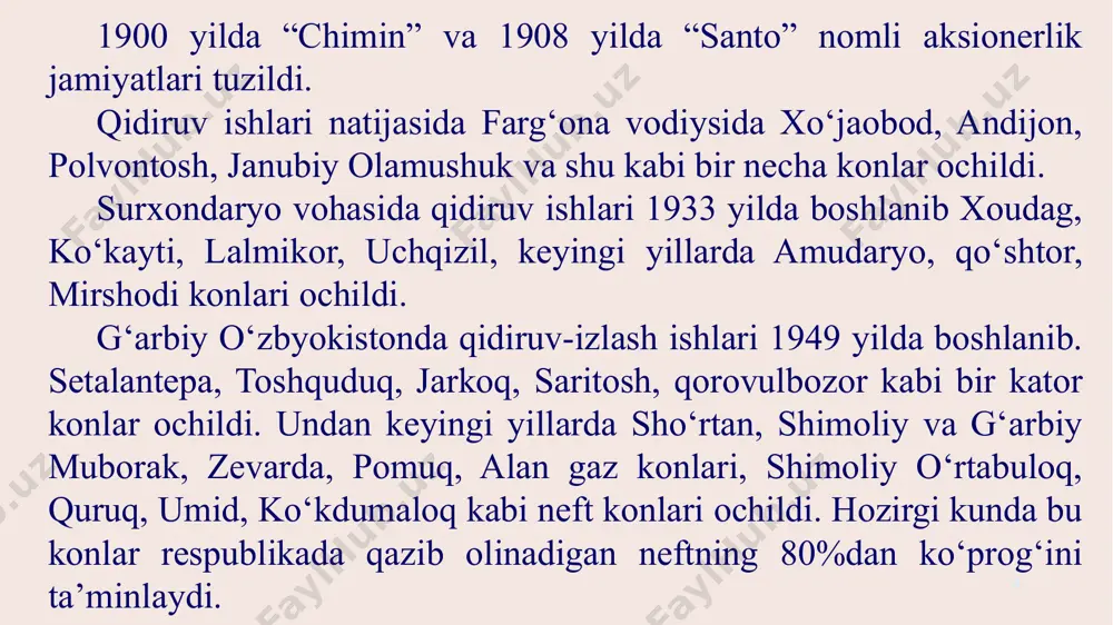 oqilg‘isi, mazut, neft moylari, bitum, aviakerosin ishlab chiqarilmoqda. gazni qayta ishlovchi zavodlar suyultirilgan gaz va polietilen ishlab chiqarishni yanada kengaytirishni mo‘ljallagan. e’tiboringiz uchun rahmat!!! 13 image1.jpeg