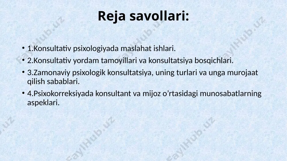 abul qilingan his etishiga yordam beradi. hurmat: konsultant mijozning shaxsiy qadr-qimmatini hurmat qiladi. bu mijozning o‘zini hurmat qilishiga ijobiy ta’sir ko‘rsatadi. obyektivlik: konsultant mijozni baholamaydi yoki hukm qilmaydi. obyektiv yondashuv orqali muammoning mohiyati aniqlanadi. hamkorlik: konsultant va mijoz muammoni hal qilishda birgalikda ishlaydi. bu mijozni faol ishtirokchi sifatida rivojlantiradi. munosabatlarni shakllantirish bosqichlari aloqa o‘rnatish: konsultant mijoz bilan birinchi uchrashuvda ishonchli atmosfera yaratadi. bu bosqichda verbal va neverbal muloqot muhim ahamiyatga ega. muammoni aniqlash: konsultant mijozning muammosini tinglaydi va tushunadi. savollar orqali muammoning ildiz sabablari aniqlanadi. ishonchni mustahkamlash: mijoz konsultant bilan ochiq muloqot qilishni boshlaydi. bu bosqichda konsultantning empatiya ko‘rsatishi katta rol o‘ynaydi. yechimlarni ishlab chiqish: konsultant va mijoz birgalikda muammoni hal qilish yo‘llarini aniqlaydi. tavsiyalar ishlab chiqilib, amalda qo‘llaniladi. natijalarni baholash: oxirgi bosqichda o‘zgarishlar baholanadi. konsultant mijozning mustaqilligini rivojlantiradi. zamonaviy psixokorreksiyada munosabatlarning o‘ziga xos xususiyatlari texnologik yondashuv: onlayn konsultatsiyalar orqali masofaviy muloqot qilish imkoniyati. videokonferensiyalar va xabar almashish platformalari yordamida …