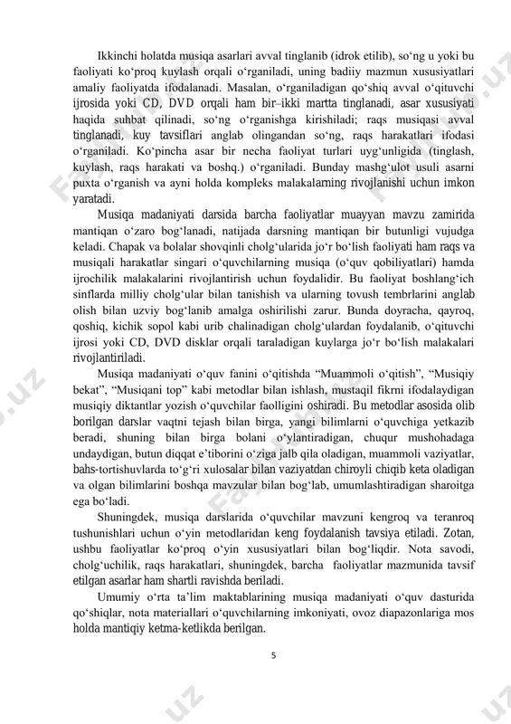 niyati darsida barcha faoliyatlar muayyan mavzu zamirida mantiqan o‘zaro bog‘lanadi, natijada darsning mantiqan bir butunligi vujudga keladi. chapak va bolalar shovqinli cholg‘ularida jo‘r bo‘lish faoliyati ham raqs va musiqali harakatlar singari o‘quvchilarning musiqa (o‘quv qobiliyatlari) hamda ijrochilik malakalarini rivojlantirish uchun foydalidir. bu faoliyat boshlang‘ich sinflarda milliy cholg‘ular bilan tanishish va ularning tovush tembrlarini anglab olish bilan uzviy bog‘lanib amalga oshirilishi zarur. bunda doyracha, qayroq, qoshiq, kichik sopol kabi urib chalinadigan cholg‘ulardan foydalanib, o‘qituvchi ijrosi yoki cd, dvd disklar orqali taraladigan kuylarga jo‘r bo‘lish malakalari rivojlantiriladi. musiqa madaniyati o‘quv fanini o‘qitishda “muammoli o‘qitish”, “musiqiy bekat”, “musiqani top” kabi metodlar bilan ishlash, mustaqil fikrni ifodalaydigan musiqiy diktantlar yozish o‘quvchilar faolligini oshiradi. bu metodlar asosida olib borilgan darslar vaqtni tejash bilan birga, yangi bilimlarni o‘quvchiga yetkazib beradi, shuning bilan birga bolani o‘ylantiradigan, chuqur mushohadaga undaydigan, butun diqqat e’tiborini o‘ziga jalb qila oladigan, muammoli vaziyatlar, bahs-tortishuvlarda to‘g‘ri xulosalar bilan vaziyatdan chiroyli chiqib keta oladigan …