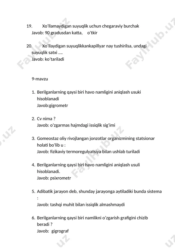 qo’llaniladi ? javob: -2000c dan +2000c gacha 18. to’g’ri burchak shakldagi impulsli tok davomiyligi qancha ms ga teng ? javob: 0.1-1 ms 19. turmojuft qurilmasi nechta metal simdan iborat ? javob: 2 20. zaryadlangan zarrachalarning tartibli harakati deyiladi ? javob: elektr toki 11-mavzu 1. organizm to’qimalarinig impedansi qaysi karshiliklar orkali ifodalanadi ? javob: r aktiv, xs sig’im 2. berilganlardan qaysilari chap oyoqdan olingan bir qutbli kuchaytirilgan tarmoqni ifodalaydi ? javob: avf 3. berilganlardan qaysilari 1-standart tarmoqni ifodalaydi ? javob: o’ng qo’l- chap qo’l 4. berilganlardan qaysilari 2-standart tarmoqni ifodalaydi ? javob: o’ng qo’l – chap oyoq 5. berilganlardan qaysilari 3-standart tarmoqni ifodalaydi javob: o’ng qo’l – chap oyoq 6. datchiklar quyidagi vazifani bajaradi : javob: noelektrik kattaliklarni elektrik kattaliklarga aylantiradilar 7. o’zgarmas tokdan foydalanib davolash nima deb ataladi va bunda kuchlanish miqdori qanday bo’ladi ? javob: galvanizatsiya , 60-80 v 8. ekg da ko’krak tarmoqlari nechta va iii standart tarmoqni …