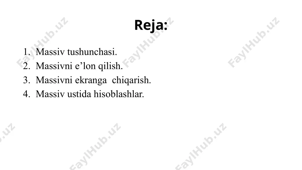 hi mavjud. keling, raqamlar ro'yxatini aniqlaymiz: >>> raqamlar = [1, 2, 3, 4, 5] ro'yxat yaratish uchun list() konstruktoridan ham foydalanishingiz mumkin: >>> raqamlar1 = [] >>> raqamlar2 = list() алгоритмизация и программирование, язык python  к.ю. поляков, 2015 http://kpolyakov.spb.ru ro'yxat yaratish uchun list konstruktori boshqa ro'yxatni olishi mumkin: >>> raqamlar = [1, 2, 3, 4, 5, 6, 7, 8, 9] >>> raqamlar2 = list(raqamlar) ro'yxat elementlariga murojaat qilish uchun siz ro'yxatdagi element sonini ko'rsatadigan indekslardan foydalanishingiz kerak. indekslar noldan boshlanadi. ya'ni, ikkinchi element 1-indeksga ega bo'ladi. oxiridan elementlarga murojaat qilish uchun siz -1 dan boshlab manfiy indekslardan foydalanishingiz mumkin. ya'ni, oxirgi element -1 indeksiga ega bo'ladi, oldinroqdagisi - -2 va hokazo. алгоритмизация и программирование, язык python  к.ю. поляков, 2015 http://kpolyakov.spb.ru >>> raqamlar = [1, 2, 3, 4, 5] >>> print(raqamlar[0]) 1 >>> print(raqamlar[2]) 3 >>> print(raqamlar[-3]) 3 >>> raqamlar[0] = 125 #ro'yxatning birinchi elementini o'zgartirish >>> print(raqamlar[0]) 125 …