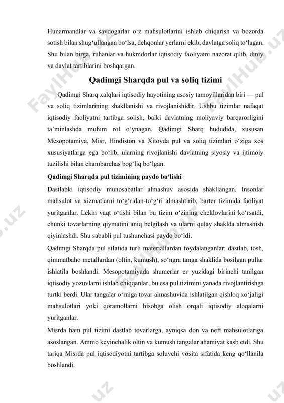 tijasida hosilni aniqlash murakkab bo‘lgan, shu sababli soliq miqdori yillik suv ko‘tarilishiga bog‘liq ravishda belgilanardi. bundan tashqari, savdo va hunarmandchilik faoliyatidan ham soliq olinib, davlatning moliyaviy ehtiyojlarini qondirish uchun xizmat qilgan. xindiston va xitoyda ham soliq tizimi qishloq xo‘jaligi mahsulotlariga katta e’tibor qaratgan. xitoyda yer solig‘i va mahsulot solig‘i davlat xazinasiga sezilarli darajada tushum keltirgan. qin sulolasi soliq tizimini markazlashtirish orqali kuchli davlat moliyasini yaratishga erishgan. soliq turlari va yig‘ilish usullari qadimgi sharqda soliq turlari ko‘p bo‘lib, ular asosan quyidagilarga bo‘linardi: 1. yer solig‘i — eng keng tarqalgan soliq turi bo‘lib, er egalari va dehqonlardan yillik hosilning ma’lum qismi yoki belgilangan miqdori sifatida olinardi. 2. mahsulot solig‘i — qishloq xo‘jaligi mahsulotlari, ayniqsa don, meva va sabzavotlardan olinadigan soliq. 3. savdo solig‘i — bozorlarda sotilgan mahsulotlardan, karvonlardan, savdogarlardan olinadigan soliqlar. 4. hunarmandchilik solig‘i — hunarmandlar tomonidan ishlab chiqarilgan mahsulotlar bo‘yicha davlatga to‘lanadigan soliq. 5. mol solig‘i — qoramollar, chorvachilikka oid mahsulotlardan …