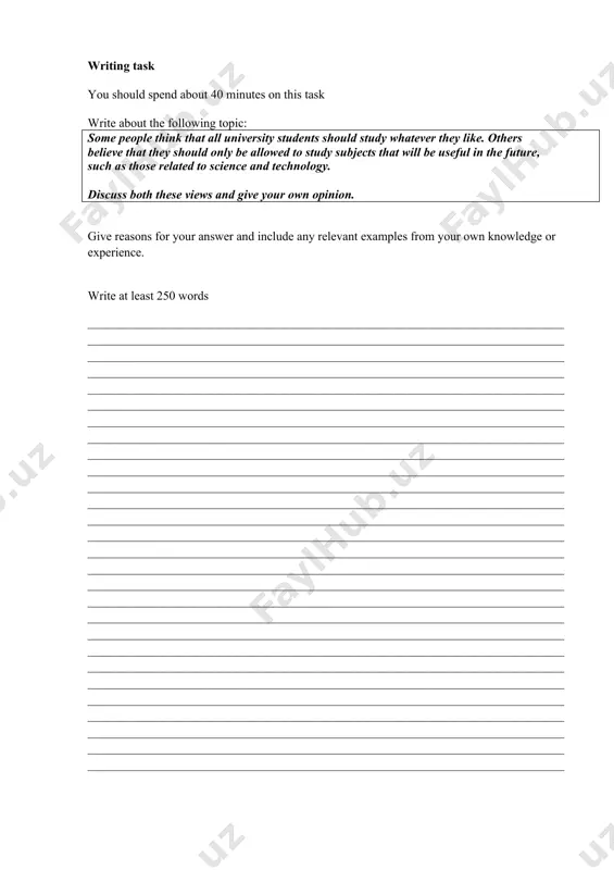 answer sheet write yes if the statement agrees with the views of no if the statement contradicts the views of not given if it is impossible to say what the writer 11. rules and regulations are examples of parameters. 12. the truly creative mind is associated with the need for free speech and a totally free society. 13. one problem with creativity is that people think it is impossible. 14. the act of creation is linked to madness. 15. lifting barriers into place has also great role in assisting the mind to rule thoughts rather than letting them collide at random. transfer your answers to the answer sheet: 1 2 3 4 5 6 7 8 9 10 11 12 13 14 15 writing task you should spend about 40 minutes on this task write about the following topic: some people think that all university students should study whatever they …