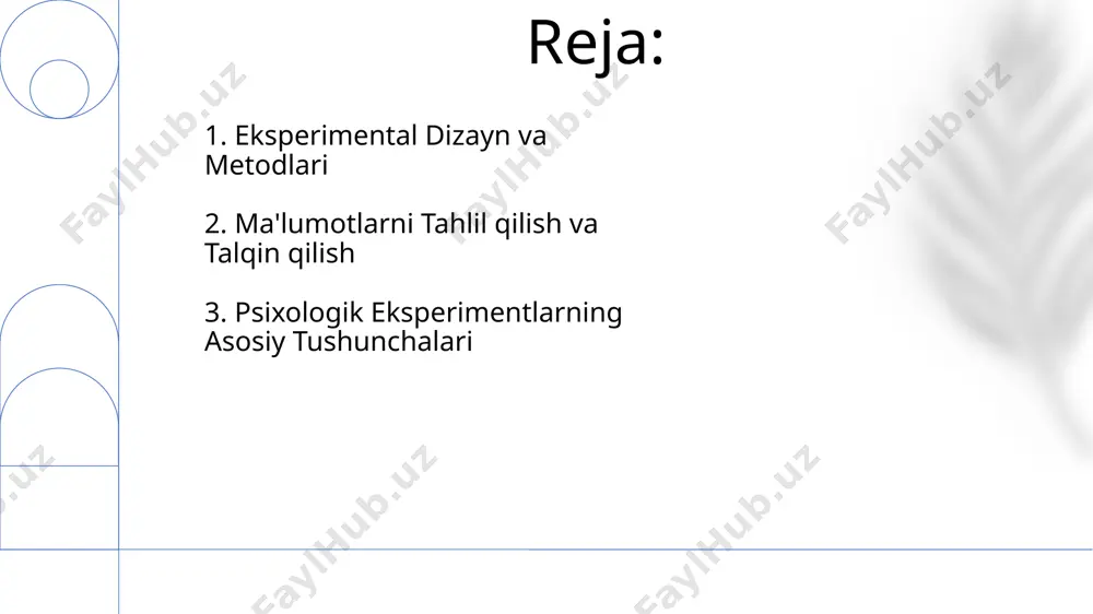 tga ega farqlar aniqlangan boʻlsa, bu farqni natijalarga ta'sir qiluvchi omillar bilan bogʻlash kerak. 5. psixologik eksperimentning asosiy tushunchalari eksperimentning ichki va tashqi validligi muhim ahamiyatga ega boʻlib, natijalarni umumlashtirish uchun 0.05 dan kamroq p-qiymati talab qilinadi, toshkent shahridagi olimlar tomonidan oʻtkazilgan tadqiqotlarda tasdiqlanganidek. psixologik eksperimentda ishtirokchilar soni 20 dan 100 gacha boʻlishi mumkin, bu natijalarning ishonchliligini ta’minlash uchun muhimdir, samarqand davlat universiteti tadqiqotlarida koʻrsatilganidek. 6. namuna olish va tadqiqot dizayni namuna olish jarayonida, masalan, toshkent shahridagi 1000 nafar talabadan iborat tasodifiy namuna orqali 20% ishtirokchilarni tanlash, tadqiqot natijalarining umumlashtirilishini ta'minlaydi. tadqiqot dizayni tanlashda, masalan, 3 guruhli eksperimental dizayn (2 eksperimental, 1 nazorat guruhi) qo'llanilganda, mustaqil va bog'liq o'zgaruvchilar o'rtasidagi munosabatlarni aniqlash imkoniyati oshadi. 7. ma'lumotlarni yig'ish va tahlil qilish usullari foydalanuvchilarning onlayn so'rovnomalarga bergan javoblari (taxminan 250 ta) excel jadvalida to'plangan va chastota tahlili orqali turli javoblarning nisbati aniqlandi. o'zbekistondagi 50 nafar talaba ustida o'tkazilgan eksperiment natijalarini spss dasturi …