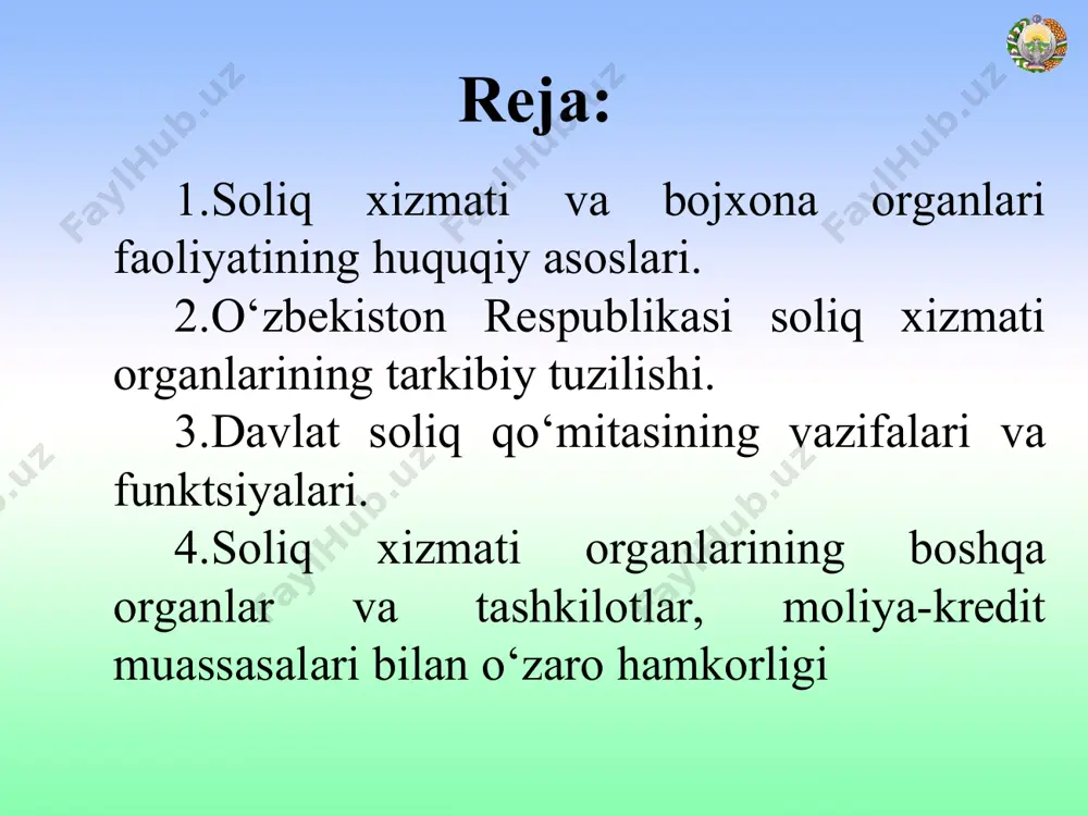 ‘mitasining maqomi, asosiy vazifalari, funkktsiyalari vakolat doirasi va faoliyatining tashkiliy asoslari o‘zbekiston respublikasi prezidentining «o‘zbekiston respublikasi vazirlar mahkamasi qoshidagi davlat bosh soliq boshqarmasini o‘zbekiston respublikasi davlat soliq qo‘mitasiga aylantirish to‘g‘risida»gi 1994 yil 18 yanvardagi farmoniga muvofiq va o‘zbekiston respublikasi vazirlar mahkamasining «o‘zbekiston respublikasi davlat soliq qo‘mitasini tashkil etish va faoliyat ko‘rsatishi masalalari to‘g‘risida»gi 1994 yil 18 martda qabul qilgan qarori bilan tasdiqlangan «o‘zbekiston respublikasi davlat soliq qo‘mitasi to‘g‘risida»gi nizomga binoan belgilandi. o‘zbekiston respublikasi vazirlar mahkamasining ushbu qaroriga binoan davlat soliq qo‘mitasi soliq va bojxona siyosatini amalga oshirish sohasida davlat nazorati organi ekanligi belgilab qo‘yildi. 1997 yil bojxona ishini tashkil etishni takomillashtirish, yagona bojxona siyosatini olib borish, respublika boj­xona organlari faoliyatining tezkorligi va ta’sirchanligini oshirish, ularning mamlakat iqtisodiy xavfsizligini mustahkamlashdagi rolini kuchaytirish, shuningdek, bojxona ishi sohasida xalqaro hamkorlikni yanada kuchay­tirish maqsadida o‘zbekiston respublikasi prezidentining «o‘zbekison respublikasi davlat bojxona qo‘mitasini tashkil etish to‘g‘risida»gi 1997 yil 8 iyuldagi pf-1815-son farmoniga va o‘zbekiston respublikasi …