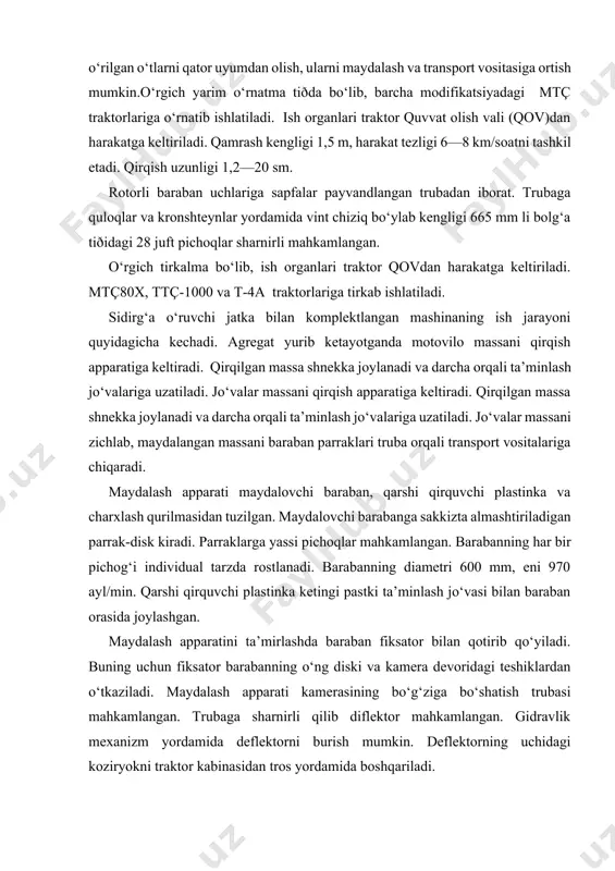sidan iborat. uzatmalar qutisida ikkita richag bor: old richagi almashtiriladigan ish organlarini yurgizish uchun ketingi richag ta’minlash jo‘valarining aylanish chastotasini o‘zgartirish uchun mo‘ljallangan. shu richag yordamida ta’minlash jo‘valari ham to‘xtatiladi. maydalovchi baraban oraliq val, saqlash va o‘zdirish muftasi orqali uzatmalar qutisidan harakatga keltiriladi. qirqish apparti, uch parrakli motovilo va shnek—jatkaning asosiy ish organlaridir. podborshikning ko‘tarib oluvchi (yig‘ishtiruvchi) mexanizmi barabanli tiðda, prujinali tishlari bor. tishlar to‘rtta xaskashga mahkamlangan. prujinali tishlarning harakat trayektoriyasini podborshik barabanining chap tomonida joylashgan kulachokli mexanizm belgilaydi. podborshik 60 n.m burovchi momentga rostlangan friksion saqlash muftasi orqali vtulka-rolikli zanjir (19,05 mm qadamli) vositasida harakatga keltiriladi. barmoqli panjara ko‘tarib oluvchi mexanizm ustida joylashgan. shnek barabanining o‘rtasiga ikkita xaskash o‘rnatilgan, ular massasini maydalagichga uzatib turadi. shnekning ikkala tomoniga uni maydalayotgan massasiga siqib turish uchun prujinalar qo‘yilgan. 3. pichan o‘rish, maydalash, yig‘ish tashish va g‘aramlash mashinalari pichan o‘rish, yem-xashak tayyorlash mashinalariga quyidagi asosiy agrotexnik va iqtisodiy talablar qo‘yiladi. pichanni normadan ortiq …