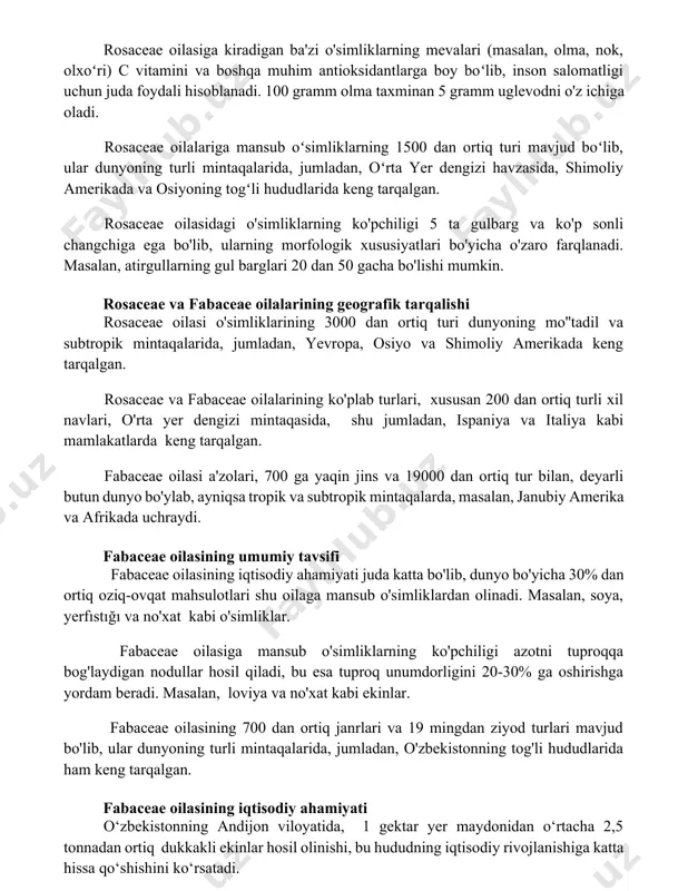anadi. 100 gramm olma taxminan 5 gramm uglevodni o'z ichiga oladi. rosaceae oilalariga mansub oʻsimliklarning 1500 dan ortiq turi mavjud boʻlib, ular dunyoning turli mintaqalarida, jumladan, oʻrta yer dengizi havzasida, shimoliy amerikada va osiyoning togʻli hududlarida keng tarqalgan. rosaceae oilasidagi o'simliklarning ko'pchiligi 5 ta gulbarg va ko'p sonli changchiga ega bo'lib, ularning morfologik xususiyatlari bo'yicha o'zaro farqlanadi. masalan, atirgullarning gul barglari 20 dan 50 gacha bo'lishi mumkin. rosaceae va fabaceae oilalarining geografik tarqalishi rosaceae oilasi o'simliklarining 3000 dan ortiq turi dunyoning mo''tadil va subtropik mintaqalarida, jumladan, yevropa, osiyo va shimoliy amerikada keng tarqalgan. rosaceae va fabaceae oilalarining ko'plab turlari, xususan 200 dan ortiq turli xil navlari, o'rta yer dengizi mintaqasida, shu jumladan, ispaniya va italiya kabi mamlakatlarda keng tarqalgan. fabaceae oilasi a'zolari, 700 ga yaqin jins va 19000 dan ortiq tur bilan, deyarli butun dunyo bo'ylab, ayniqsa tropik va subtropik mintaqalarda, masalan, janubiy amerika va afrikada uchraydi. fabaceae oilasining umumiy …