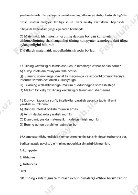 emas 20. dunyo miqyosida sun’iy intellektlar yaratish asosida tabiiy tillarni matematik modellashtirish yotadi. matematik modellashtirish natijalari sun’iy intellektning faoliyat dasturini yaratishga asos bo‘lib xizmat qiladi. bu esa o‘zbek tili misolida hali ochilmagan qo‘riq. ushbu matnning qaysi uslubga xosligini aniqlang. a)publitsistik uslub b)badiiy uslub c)ilmiy uslub d)rasmiy uslub