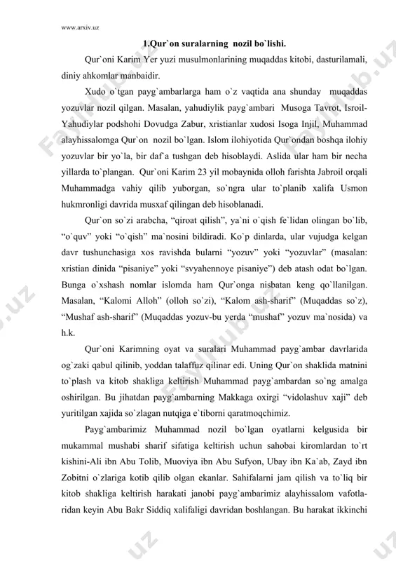 ga keltirish uchun sahobai kiromlardan to`rt kishini-ali ibn abu tolib, muoviya ibn abu sufyon, ubay ibn ka`ab, zayd ibn zobitni o`zlariga kotib qilib olgan ekanlar. sahifalarni jam qilish va to`liq bir kitob shakliga keltirish harakati janobi payg`ambarimiz alayhissalom vafotla-ridan keyin abu bakr siddiq xalifaligi davridan boshlangan. bu harakat ikkinchi xalifa hazrati umar davrlarida davom etib, hazrati usmon ibn affon xalifalik qilgan davrning 650-651 yillarda tugallangan. qur`on suralari to`planib, to`rt nusxada ko`chirilgan va to`plam shakliga keltirilgandan keyin u “al-kitob” (“yozuv”) deb atalgan bo`lsa-da, uning eng qadimgi nomi “qur`on” (“o`qish”) asosiy atama sifatida saqlanib qolgan. ilgarilari arablar o`rtasida yozma ijod an`anasi deyarli bo`lmagani, yozuv keng yoyilmagani tufayli xilma-xil ijod namunalari yod olinib saqlanishi va og`izdan-og`izga ko`chib, avloddan-avlodga o`tishi odat bo`lgan. qur`on matnlari to`plangani-dan keyin ham o`zining folklorga xos xususiyatlarini saqlab qolavergan. qur`on-islomning asosi, diniy marosimlar dasturi bo`lish bilan birga axloqiy da`vat, huquqiy me`yorlarni, marosim va an`analarni, millionlab inson hayoti va yashash tarzining …