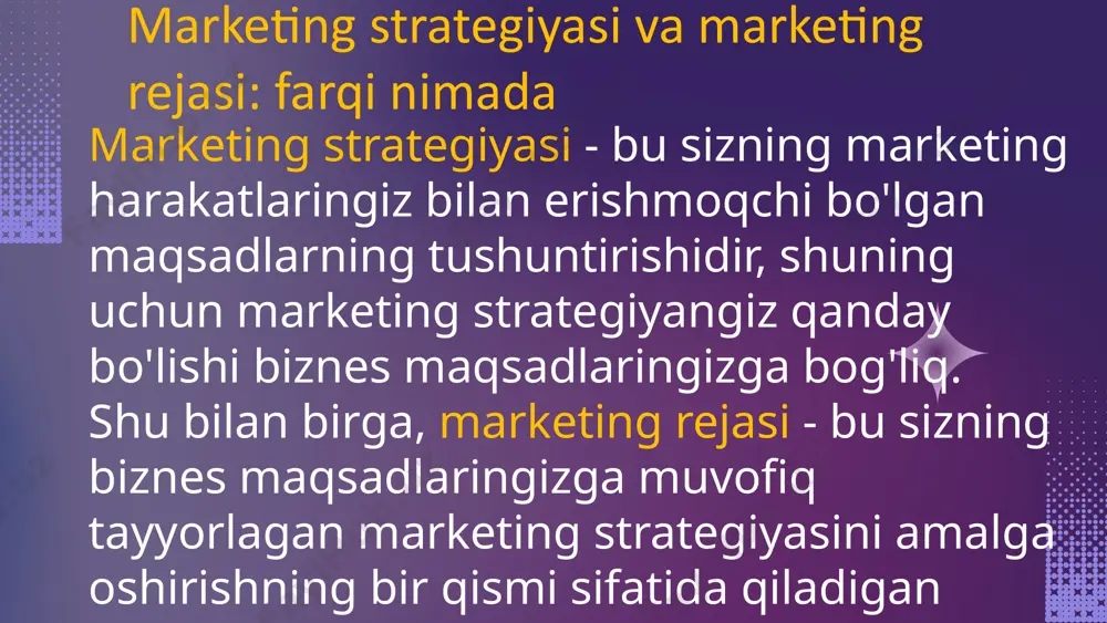 ng dasturiga mo‘ljallanadi 15% 85% biznes re’ja differensiatsiyaning 4 ta yo‘nalishi mavjud: tovar differensiatsiyasi; servisli differensiatsiya; xodimlar differensiatsiyasi; imij differensiatsiyasi. borcelle company fokuslash yoki (konsentratsiya) butun bozorga emas, balki maxsus bozor segmentiga noyob savdo taklifi ishlab chiqish yo‘li bilan mo‘ljalni olishdir 3-strategiya talab – bu xarid quvvatiga ega bo‘lgan ehtiyojdir. aniq to‘lov qobiliyatiga ega bo‘lgan ehtiyojning tovar ta’minotini real holatiga asosan, talab qondirilgan va qondirilmagan talabga bo‘linadi talab nima? qondirilgan talab – bu bozorda vujudga kelgan haqiqiy talabning qondirilgan qismi bo‘lib, u tovarlarni va xizmatlarni sotib olish natijasida haqiqiy qondiriladi. qondirilmagan talab – bu bozorda vujudga kelgan haqiqiy talabning qondirilmagan qismi bo‘lib, u bozorda iste’molchilar uchun zarur bo‘lgan tovarlarni yo‘qligi va sifati pastligi natijasida yuzaga keladi talab hajmini narx darajasiga bog‘liqligi, talab va taklif qonuniga asosan aniqlanadi. narxning pasayishi xaridorlar sonining oshishiga olib keladi; narxning pasayishi iste’molchilarni to‘lov qobiliyatini kengayishiga olib keladi; bozorning to‘ldirilishi esa, qo‘shimcha birlikdagi mahsulotlarni foydaliligini pasayishiga …