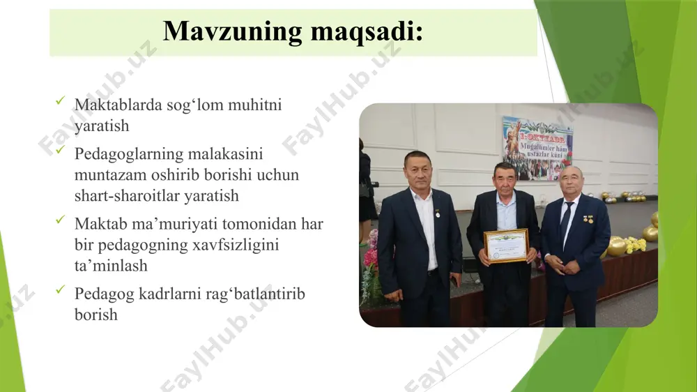 larning sog'ligi va farovonligi uchun dasturlar yaratish ham foydali bo'ladi. xulosa: takliflar: har qanday holatda ham maktab ma’muriyati tomonidan o‘z xodimini qo‘llab-quvvatlashini ta’minlash. zamonaviy t’alim texnologiyalarini o’rganib borishi uchun sharoit yaratish. maktablarni zarur uskunalar bilan ta’minlash. xorijiy tajribalarni o‘zlashtirishga va maktablarimizga olib kelishini ta’minlash. pedagog kadrlarni olib borayotgan ishlarini ijobiy baholash, ularni rag‘batlantirish, xorijiy tajribalarni o‘rganish uchun xalqaro seminar-treninglarga yuborish. eng yaxshi usul tajriba almashish usuli ekanini tushuntirish. muammo amalga oshirish mexanizmi mas’ullar muddati kutilayogan natija malaka oshirish imkohiyatlarinig cheklanganligi. malaka oshirish kurslari va treninglar tashkil etish.hududiy seminarlarda va konferentsiyalarda ishtrok etish. maktav direktori, ta’lim bo’limi rahbari. yil davomida. xodimlarning kasbiy ko’nikmalari va bilimlari oshadi. motivatsiya tizimining samarasizligi rag’batlantiruvchi mukofatlar tizimini joriy etish.ish samaradorligi uchun ma’nabiy rag’bat berish. maktab direktori, iqtisodchi har oy xodimlar ishga qiziqishi oshadi,natijadorlik yxshilonadi. jamoaviy hamkorlikning zaifligi. jamoviy uchirashuvlar tashkil etish.maqsad vazifalarni aniq belgilash. maktab direktori,jamoa etakshisi. har chorakda jamoada birdamlik va hamkorlik muhiti shakillanadi. ish …