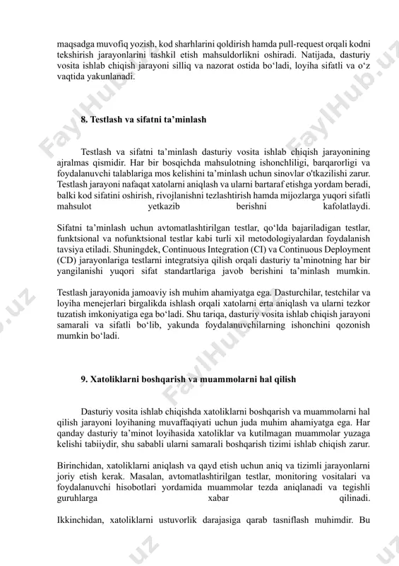 huningdek, talablarni boshqarishda ustuvorliklarni to‘g‘ri belgilash va resurslarni maqbul taqsimlash muhim ahamiyatga ega. natijada, talablarni aniqlash va boshqarish jarayonini samarali tashkil etish orqali loyiha vaqtida, byudjet doirasida va kutilgan sifat darajasida bajarilishi ta’minlanadi, bu esa dasturiy vosita muvaffaqiyatini kafolatlaydi. 7. versiya nazorati va kodni boshqarish tizimlari versiya nazorati va kodni boshqarish tizimlari dasturiy vosita ishlab chiqish jarayonining ajralmas qismi hisoblanadi. ushbu tizimlar jamoaviy ishni samarali tashkil etishga, kodning tarixini saqlashga va xatoliklarni tezda aniqlashga yordam beradi. eng mashhur versiya nazorati tizimlaridan biri — git bo‘lib, u dasturchilarga kodning turli versiyalarini boshqarish, o‘zgarishlarni kuzatish va bir nechta tarmoqlar (branch) yaratish imkonini beradi. kodni boshqarish tizimlari yordamida jamoa a’zolari bir vaqtda turli funksiyalar ustida ishlashi mumkin, shu bilan birga o‘zgarishlar bir joyda to‘planib, birlashtiriladi (merge qilinadi). bu jarayon kodning yaxlitligini saqlash va yangi xatoliklarning paydo bo‘lishining oldini olish uchun muhimdir. shuningdek, tizimlar orqali koddagi o‘zgarishlar tarixi saqlanadi, bu esa muammolar yuzaga kelganda …