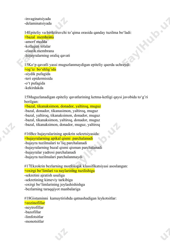 shqoriy fosfataza -kislotali fosfataza -perksidaza -sitoxromoksidaza #27tog’ay to’qimasining klassifikatsiyasi asoslangan: +hujayralararo moddaning tuzilishiga -a'zolarda tog’aylarni joylashishiga -ularni kelib chiqishiga -tolali tuzilmalarga -xujayra elementlarining tarkibiga #28naysimon suyaklarning eniga o‘sishi nima xisobiga boradi +suyak usti pardasi(periost) -metaepifizar tog’ay plastinkasi -tashqi umumiy plastinkalar -ichki umumiy plastinkalar -osteonlar #29nerv nayidan takomillashadigan miotsitlar: +ko‘zning rangdor pardasi miotsitlari -ichki a'zolar devoridagi silliq miotsitlar -mioepiteliotsitlar -qisqaruvchi kardiomiotsitlar -o‘tkazuvchi kardiomiotsitlar #30har bir skelet mushak tolalari o‘ralgan: +endomiziy bilan -perimiziy bilan -epimiziy bilan -endotenoniy bilan -peritenoniy bilan #31o‘simtasi t-shaklda tarmoqlangan neyron: +psevdounipolyar -multipolyar -neyroblast -bipolyar -unipolyar #32sekretor funksiyasini bajaruvchi neyroglial hujayralar: +ependimogliotsitlar -protoplazmatik astrotsitlar -tolali astrotsitlar -mikrogliotsitlar -oligodendrotsitlar #33nerv tolasidagi bo‘g’iqlar joylashgan: +qo‘shni lemmotsitlar chegarasida -mezaksonda -nerv tolalarini birikkan joyida -lemmotsitlarni yadroli zonasida -lemmotsitlar atrifida #34mezakson hisoblanadi: +lemmotsit plazmolemmasining duplikaturasi -lemmotsit tarkibi -ependimotsit plazmolemmasining duplikaturasi -mikrogliya -neyrotsit plazmolemmasining duplikaturasi #35bosh miya qorinchalari va orqa miya kanali devorini qoplovchi hujayralar: +ependimogliotsitlar -astrotsitlar -oligodendrogliotsitlar -endoteliotsitlar -ko‘p qatorli prizmatik epiteliy #36orqa miya …