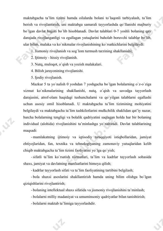 hiqib maktabgacha ta’lim tizimi faoliyatini yo`lga qo`yish; · sifatli ta’lim ko`rsatish xizmatlari, ta’lim va kadrlar tayyorlash sohasida shaxs, jamiyat va davlatning manfaatlarini himoya qilish; · kadrlar tayyorlash sifati va ta’lim faoliyatining tartibini belgilash; · bola shaxsi asoslarini shakllantirish hamda uning bilim olishga bo`lgan qiziqishlarini rivojlantirish; · bolaning intellektual shaxs sifatida va jismoniy rivojlanishini ta’minlash; · bolalarni milliy madaniyat va umuminsoniy qadriyatlar bilan tanishtirish; · bolalarni maktab ta’limiga tayyorlashdir. nutq, muloqot, o`qish va yozish malakalarining to`g`ri qo`llanilishi har bir insonning jamiyatda muvaffaqiyatli faoliyat yuritishida muhim o`rin tutadi. ma’lumki, aholining savodxonligi bugungi kunda jamiyat rivojlanishida katta ahamiyatga ega. inson savodxonligi uning kelajak hayotining sifati darajasini belgilaydi va bugungi dunyoning jadal texnik yuksalish davrida muvaffaqiyatli faoliyat olib borish imkonini yaratadi. shunday qilib, savodli bo`lish bilimlar kalitiga ega bo`lish deganidir. to`g`ri va ravon nutqqa ega bo`lish murakkab jarayon bo`lib, bola tug`ilganidan boshlanadi va bir nechta omillardan kelib hiqadi. nutqning rivojlanish jarayonida bola keyingi hayoti …