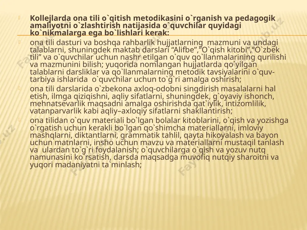 etish. muhokama vositasida nutq o'stirish ko'nikmasiga ega bo'lish uchun berilgan savolga o'z so'zi bilan javob berish usulidan foydalanish. o'zaro savol-javob asosida nutq o'stirishni yuzaga keltirish usulini qo'llash. matnni so'z bilan tasviriash va reja asosida qayta hikoya qilishni amalga oshirish va boshqalar. o’qish darslarida mustaqil ish mavzu talabalarga topshirilganda, o'qituvchi yo'nalish beradi. bunda o'qish darsliklaridagi (2—4-sinflar) mustaqil ishning quyidagi jihatlariga e'tibor berish lozimligi uqtiriladi: o'qish darsliklaridan mustaqil ishning maqsad va vazifalarini yoritish. asarni ichda o'qishning boshlang'ich sinflardagi miqdoriy ko'rsatkichi hamda uning ifodali nutqda tutgaa o'rnini aniqlash. o'qilgan matnga doir savollarga javob berishda bolalarning diqqatini tushunib o'qishga jalb etish. o'qilgan asar mazmunini to'liq bilib olish uchun o'qituvchi bergan topshiriqni bajarish. masalan, «matndan alisherning tashqi ko'rinishi tasvirlangan o'rinni toping, ovoz chiqarib o'qing va o'z so'zlaringiz bilan qayta ifoda eting («bola alisher», oybek, 3-sinf). q'qilgan matnning rejasini tuzish bilan bog'liq bo'lgan mustaqil ish: о' q i igan asarga doir rasm chizish; chizilgan rasmga matn …