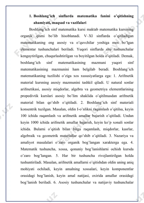 ari bilan komponentlari orasidagi bog’lanishlarni bilganlik asosida bajariladi. o’zgaruvchi bilan amaliy tekshirish o’quvchilarning funksional tasavvurlarini egallashlariga imkon beradi. geometrik material bolalarning eng sodda geometrik figuralar bilan tanishtirish, ularning fazoviy tasavvurlarini rivojlantirish, shuningdek, arifmetik qonuniyatlarni, bog’lanishlarni ko’rsatmali maqsadlariga xizmat qiladi. (masalan, to’g’ri to’rtburchakning teng kvadratlarga bo’lingan ko’rsatmali obrazidan ko’paytirishning o’rin almashtirish xossasini bog’lanishi ochib foydalaniladi...). 1-sinfdan boshlab to’g’ri va egri chiziqlar, kesmalar, ko’pburchaklar va ularning elementlari, to’g’ri burchak va hokozo kiritilgan. o’quvchilar geometrik figuralarni tasavvur qila olishni, ularni nomlari, katakli qog’ozga sodda yasashlarni o’rganib olishlari kerak. bundan tashqari, ular kesma va siniq chiziq uzunligini, ko’pburchak perimetrini, to’g’ri to’rtburchak, kvadrat va umuman har qanday figuraning yuzini (paletka yordamida) topish malakasini egallab olishlari kerak. o’qitish metodi tushunchasi. boshlang’ich sinflarda matematika o’qitishning maqsadlari quyidagilar: umumta’lim maqsadi, tarbiyaviy maqsadi, amaliy maqsadi. bu maqsadlar bir-biri bilan uzviy bog’liq bo’lib, bir-birini to’ldiradi. 1. ta’lim maqsadi o’qituvchidan quyidagilarni talab qiladi. a) o’quvchilarga matematik bilimlar tizimidan, bilim, malaka ko’nikma …