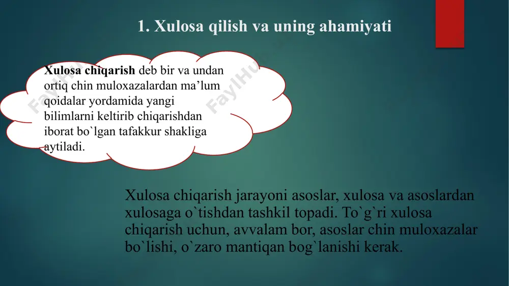 ish uchun tekshirish. 5. muammoli vaziyat va unga ta’sir etuvchi omillar muammo” so’zi lug’atda “yechim talab qiladigan noaniq va qiyin masala”, deb ta’riflangan ekan. yana bitta boshqasida esa “tushunish, bajarish yoki amalga oshirish qiyin bo’lgan narsa”, deya ta’riflanibdi. barcha muammolarning ikkita o’xshash jihatlari bor: zamonaviy dunyoning tashabbuskori guilford ijodni muammolarni yechish deb ta’rifladi va ijodiy jarayon to’rt bosqichdan iborat degan xulosaga keldi: • muammo mavjudligini tan olish; • turli xil g’oyalarni ishlab chiqarish; • ishlab chiqarilgan turli xil imkoniyatlarni baholash; • muammoni hal qilishga olib keladigan tegishli xulosalar chiqarish. psixologiyada muammoni hal qilish atamasi odamlarning muammolarni aniqlash, tahlil qilish va hal qilish uchun o’tayotgan aqliy jarayonini anglatadi. muammoni aniqlash; - yechimni aniqlash; - yechimlar ishlab chiqarish; -yechimlar topilganida uni tan olish. muammolarni tarmoq shaklida birlashtirish. hech bir kishida faqat bitta muammo bo’lmaydi. muammolar har doim bir necha sonli bo’ladi. siz o’zingizdagi barcha muammolarni tarmoqli shaklda birlashtirib chiqing. barcha kichik muammolar …