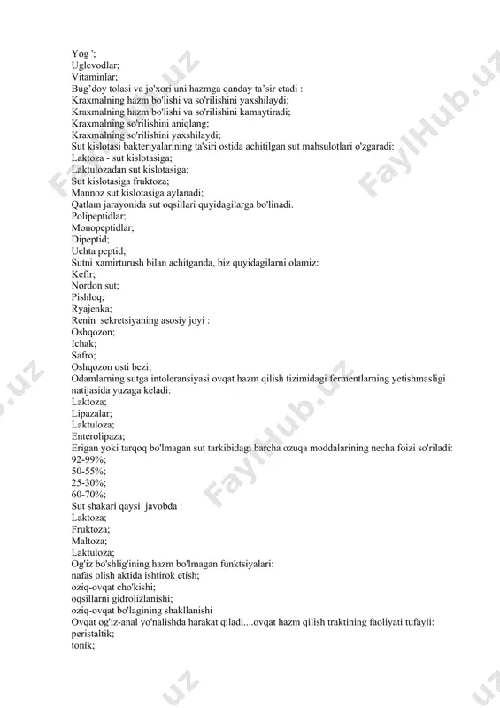 ing so'rilishini yaxshilaydi; sut kislotasi bakteriyalarining ta'siri ostida achitilgan sut mahsulotlari o'zgaradi: laktoza - sut kislotasiga; laktulozadan sut kislotasiga; sut kislotasiga fruktoza; mannoz sut kislotasiga aylanadi; qatlam jarayonida sut oqsillari quyidagilarga bo'linadi. polipeptidlar; monopeptidlar; dipeptid; uchta peptid; sutni xamirturush bilan achitganda, biz quyidagilarni olamiz: kefir; nordon sut; pishloq; ryajenka; renin sekretsiyaning asosiy joyi : oshqozon; ichak; safro; oshqozon osti bezi; odamlarning sutga intoleransiyasi ovqat hazm qilish tizimidagi fermentlarning yetishmasligi natijasida yuzaga keladi: laktoza; lipazalar; laktuloza; enterolipaza; erigan yoki tarqoq bo'lmagan sut tarkibidagi barcha ozuqa moddalarining necha foizi so'riladi: 92-99%; 50-55%; 25-30%; 60-70%; sut shakari qaysi javobda : laktoza; fruktoza; maltoza; laktuloza; og'iz bo'shlig'ining hazm bo'lmagan funktsiyalari: nafas olish aktida ishtirok etish; oziq-ovqat cho'kishi; oqsillarni gidrolizlanishi; oziq-ovqat bo'lagining shakllanishi ovqat og'iz-anal yo'nalishda harakat qiladi....ovqat hazm qilish traktining faoliyati tufayli: peristaltik; tonik; mayatnik; sistolik. quyidagilardan qaysi biri xoletsistokinin-pankreoziminning ajralib chiqishining asosiy stimulyatori hisoblanadi? polipeptidlar glyukoza aminokislotalar ekstraktli moddalar bemorga oshqozon osti bezining …