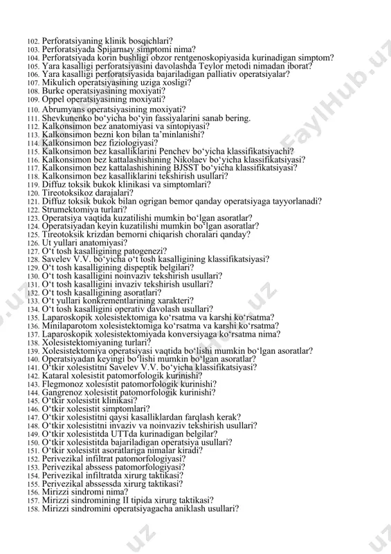 k yara kasalligi klinikasi uziga xosligi? 77. yara kasalligining tekshirish usullari? 78. me’da va o‘n ikki barmok ichak yara kasalligida palliativ operatsiyalar? 79. me’da va o‘n ikki barmok ichak yara kasalligida radikal operatsiyalar? 80. o‘n ikki barmok ichak surunkali yara kasalligini konservativ davolash usuli? 81. me’da va o‘n ikki barmok ichak yara kasalligi qanday asoratlari bor? 82. pilorostenoz nima? 83. pilorostenozning qanday bosqichlari bor? 84. qaysi tekshirishlarga kura pilorostenoz bosqichlari farqlanadi? 85. penetratsiya nima? 86. penetratsiyaning morfologik bosqichlari? 87. penetratsiya klinikasi? 88. vagotomiya turlari? 89. piloroplastika turlari? 90. palliativ operatsiyalarga qaysi operatsiyalar kiradi? 91. me’da rezeksiyasi turlari? 92. yara malignizatsiyasida xirurg taktikasi qanday? 93. limfadisseksiyaning qanday turlari bor? 94. bilrot ining qanday modifikatsiyalari bor? 95. bilrot iining qanday modifikatsiyalari bor? 96. me’da va unikki barmok ichak yara kasalligida kon ketishning savelev v.v. bo‘yicha klassifikatsiyasi? 97. gastroduodenal kon ketishning struchkov bo‘yicha drajalari? 98. gastroduodenal kon ketishning forrest bo‘yicha endoskopik klassifikatsiyasi? 99. …