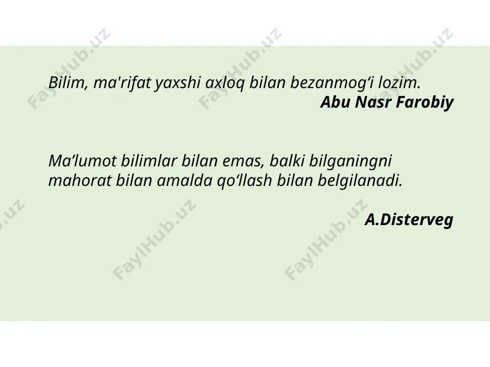 tning tarkibiy qismlari ekologik madaniyat siyosiy madaniyat iqtisodiy madaniyat huquqiy madaniyat ahloqiy madaniyat estetik madaniyat fan din metodlar shakllar vositalar hikoya, suhbat, ma'ruza, munozara, bahslar, namoyish etish, illyustrasiya, video, mashq qilish, o'yinlar, muammoli vaziyatlar yaratish, darslik va manbalar bilan ishlash, tahlillar va b. ishbop o'yinlar, matbuot konfrensiyalari, teatrlashtirilgan darslar, ijodkorlik darslari, tanlovlar, uchrashuvlar, fantaziya darslari, ekskursiyalar, davra suhbatlari, mo''jizalar maydoni v.b. ommaviy ahborot vositalari, muzeylar, galereyalar, kutubhonalar, ko'rgazmalar, auditoriyadan tashqari tadbirlar, tanlovlar, to'ylar, diniy va dunyoviy tadbirlar, bayramlar, mahallalar, ta'lim muassasalari, teatr, kino va b. umummadaniy dunyoqarash talabalar umummadaniy dunyoqarashini shakllantirish modeli 1. dunyoqarashning ilmiyligi tamoyili. madaniyatning ta’lim, matbuot, kitobot, radio va televideniya, madaniy – ma’rifiy muassasalar, jamiyatlar, kutubxonalar, kino, teatr, muzeylar, ko‘rgazmalar vositasida va fanlarni o‘qitish jarayonida umummadaniy ilmiy dunyoqarash shakllanadi. 2. umummadaniy dunyoqarashning izchilligi tamoyili. bunda mantiqiy izchillik buzilsa, umummadaniy dunyoqarash ilmiy, aniq, izchil rivojlana olmaydi. 3. umummadaniy dunyoqarashning tarixiylik tamoyili. jamiyat tarixida umummadaniy merosning rivojlanishi nazarda tutiladi. …