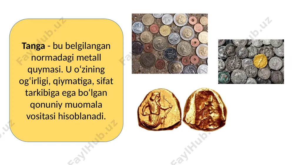 anga zarb qilish huquqiga ega bo‘lganlarning imtiyoz sifatida zarb qilishdan foyda ko‘rishi. ba’zan tanga huquqi bilan tenglashgan holatda bo‘ladi. legenda – tangadagi yozuv. odatda gorizontal, aylana shaklida bir yoki bir necha qatordan iborat bo‘ladi. rasm va yozuvlar tasvirlangan maydon “legenda” “tanga maydoni” deb ataladi. tanganing maydoni – tanganing yozuvlar va tasvirlar bilan band bo‘lmagan old va orqa tomonining yuzasi. nominal – tanga qiymati. numizmatik adabiyotlarda ma’lum qiymatga ega bo‘lgan tangani bildiradi. hisob pul birligi – hisoblashda ishlatiladi, ammo tangada o‘zining buyum shakliga ega emas. tanga to‘plami - ma’lum metall og‘irligiga ega bo‘lgan tangalar miqdori. tangani sinash – (proba moneti) - qimmatbaho metall massasining tangani umumiy massasiga nisbati. tanganing buzilishi – tanga tarkibida qimmatbaho metallni tanganing og‘irligini kamaytirgan holda qisqartirish. ligatura – oltin va kumush quymalarga noqimmatbaho metallarning aralashtirilishi. tanganing cheti, qirg‘og‘i – gorizontal chiziq. tanganing quyi qismini tanganing asosiy maydonidan ajratib turadi. “gurt” - tanga qirrasiga aytiladi. tanga turi (monetniy …