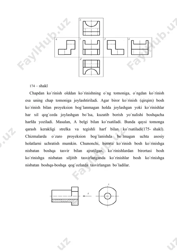 dan tashkil topgan bo`lib, chizmada ular shtrix chiziqlar bilan ko`rsatiladi. bunday hol chizmalarni o`qishni bir muncha qiyinlashtiradi. buyumlarni chizmalari bo`yicha mukammal tasavvur qilish va ularning ichki tuzilishlarini aniq qilib ko`rsatish uchun shartli ravishda qabul qilingan “qirqimlar usuli” qo`llanadi. qirqimlar ham o’z.dav.standarti. 2.305-97 da ko`rsatilgan qoidalarga muvofiq bajariladi. qirqim deb, buyumning bitta yoki bir nechta fazoviy tekisliklar bilan fikran kesilishidan hosil bo`lgan tasviriy qismiga aytiladi. bunda tekslikning kesishgan joyi va uning orqasida ko`rinib qolgan chiziqlari (qismlari) ko`rsatiladi (178- shakl). qirqim qoidasiga ko`ra buyumning ma`lum bir joyidan fikran kesuvchi tekislik o`tkaziladi. buyumning kuzatuvchi va kesuvchi tekislik orqasidagi qismi fikran olib tashlanadi va qolgan qismi o`z o`rnida tegishli asosli proyeksiyalar tekisliklaridan birortasiga yoki chizma maydonining bo`sh joyiga tasvirlanadi. ayrim hollarda qirqimlar kerakli yozuvlar bilan ko`rsatiladi. 178- shakl qirqim turlari. kesuvchi teksliklarning joylashish holatlariga ko`ra qirqimlar gorizontal, vertikal hamda og`ma qirqimlarga bo`linadi. bundan tashqari kesuvchi teksliklarning soniga qarab qirqimlar oddiy, murakkab va mahalliyga ajraladi. …