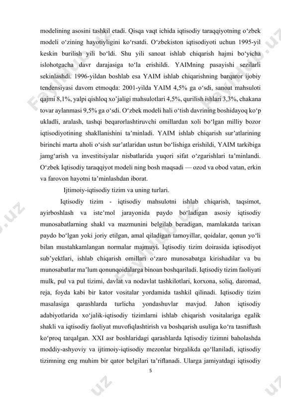 ashqi beqarorlashtiruvchi omillardan xoli boʻlgan milliy bozor iqtisodiyotining shakllanishini taʼminladi. yaim ishlab chiqarish surʼatlarining birinchi marta aholi oʻsish surʼatlaridan ustun boʻlishiga erishildi, yaim tarkibiga jamgʻarish va investitsiyalar nisbatlarida yuqori sifat oʻzgarishlari taʼminlandi. oʻzbek iqtisodiy taraqqiyot modeli ning bosh maqsadi — ozod va obod vatan, erkin va farovon hayotni taʼminlashdan iborat. ijtimoiy-iqtisodiy tizim va uning turlari. iqtisodiy tizim - iqtisodiy mahsulotni ishlab chiqarish, taqsimot, ayirboshlash va isteʼmol jarayonida paydo boʻladigan asosiy iqtisodiy munosabatlarning shakl va mazmunini belgilab beradigan, mamlakatda tarixan paydo boʻlgan yoki joriy etilgan, amal qiladigan tamoyillar, qoidalar, qonun yoʻli bilan mustahkamlangan normalar majmuyi. iqtisodiy tizim doirasida iqtisodiyot subʼyektlari, ishlab chiqarish omillari oʻzaro munosabatga kirishadilar va bu munosabatlar maʼlum qonunqoidalarga binoan boshqariladi. iqtisodiy tizim faoliyati mulk, pul va pul tizimi, davlat va nodavlat tashkilotlari, korxona, soliq, daromad, reja, foyda kabi bir kator vositalar yordamida tashkil qilinadi. iqtisodiy tizim masalasiga qarashlarda turlicha yondashuvlar mavjud. jahon iqtisodiy adabiyotlarida xoʻjalik-iqtisodiy tizimlarni ishlab chiqarish …