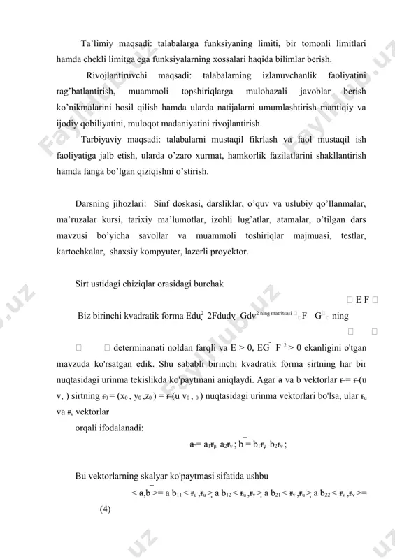 entsiallari, u, v esa u va v funksiyalarning ikkinchi chiziq tenglamasi u = u2 ( )t , v = v t2 ( ) yordamida topilgan differentsiallari bo'lsin: du = u1' ( )t dt, dv = v1' ( )t dt, u = u2' ( )t dt, v = v2' ( )t dt. egri chiziqlar orasidagi burchak ularning kesishish nuqtasidagi urinmalar orasidagi burchakga teng bo'lganligi sababli, ular orasidagi burchak kosinusini quyidagicha topish mumkin: cos=  =  edu u  f du v(   udv) gdv v . (5) dr 2 r 2 edu2  2fdudv gdv2 e u  2  2f u vg v2 misol. sirtdagi u = const va v = const koordinata chiziqlari orasidagi burchak topilsin. birinchi u koordinata chizig'i uchun v = const bo'lgani uchun u = 0, bu erdan va (5) formuladan cos= fdu v = f edu 2 g v 2 eg ekanligi kelib …