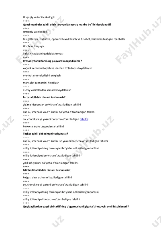 romiyligini baholashda qo‘llaniladigan egri ko‘rsatkichlarga nimalar kiradi? ==== variatsiya koyeffitsiyenti ==== maromiylik koyeffitsiyenti ==== brakdan yo‘qotishlar, shartnoma buzilishi tufayli to‘langan ja-rimalar ==== oylik mahsulotning jami yillik mahsulotda tutgan ulushi ++++ qaysi javobda ishlab chiqarish maromini ifodalovchi ko‘rsatkich to‘g‘ri ko‘rsatilgan? ==== maromiylik koyeffitsiyenti, variatsiya koyeffitsiyenti, oylik mahsulotning jami yillik mahsulotda tutgan ulushi ==== brakdan yo‘qotish, mahsulot sotish hajmini o‘sishi, variatsiya koyeffitsiyenti ==== maromiylik koyeffitsiyenti, variatsiya koyeffitsiyenti, mahsulot ishlab chiqarish hajmini o‘sish sur`ati ==== har oyda ishlab chiqarilgan mahsulotni jami yillik mahsulotdagi ulushi, variatsiya koyeffitsiyenti, mahsulot hajmini o‘sish sur`ati ++++ mahsulot hajmining o‘zgarishiga ta`sir etuvchi mehnat omillarini belgilang? ==== ishchilar soni, bajarilgan kishi kuni, kishi ish kunining davomiyligi va ishchilarning bir soatdagi unumdorligining o‘zgarishi ==== ishchilar soni va ishlangan kishi kunlari sonining o‘zgarishi ==== ishchilar soni va ishlangan kishi kuni va kishi soatlarining o‘zgarishi ==== ishchilar soni va mexnat unumdorligi ++++ qaysi javobda mahsulot sifatini ifodalovchi ko‘rsatkich to‘g‘ri ko‘rsatib o‘tilgan? ==== texnologiya …