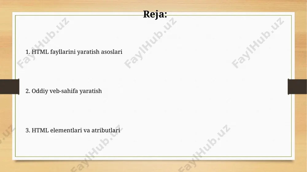 ` tegi rasm qo'shish uchun ishlatiladi, `src` atributi rasm manzilini ko'rsatadi, `alt` atributi esa 150 belgidan iborat matnli tavsifni talab qiladi. css bilan uslublashtirish css selektorlari yordamida 100 tagacha html elementiga bir vaqtning o'zida uslublarni qo'llash mumkin, bu esa kod yozish vaqtini sezilarli darajada kamaytiradi. css yordamida matnlarning rangini, o'lchamini va shrift turini 16 ta turli xil usulda o'zgartirish mumkin, bu esa veb-sahifangiz dizaynini moslashtirishga imkon beradi. hyperlinklar yaratish ` ` tegi yordamida 2 xil atributdan foydalanib, ichki yoki tashqi manzilga bog'lanishlar yaratishingiz mumkin: `href` (manzil) va `target` (ochilish usuli - _blank_ yoki _self_). hyperlinklarni yaratishda `href` atributining qiymatini aniq ko'rsatish muhim, chunki 1 ta xato belgi ham bog'lanishni ishlamasligiga olib kelishi mumkin. matn formatlash ` ` va ` ` elementlaridan foydalanib, css orqali matnning alohida qismlariga 20 dan ortiq xususiyatlarni qo'llash va veb-sayt dizaynida moslashuvchanlikni ta'minlash mumkin. htmlda matn formatlash uchun 6 ta asosiy tegni ( - , , …