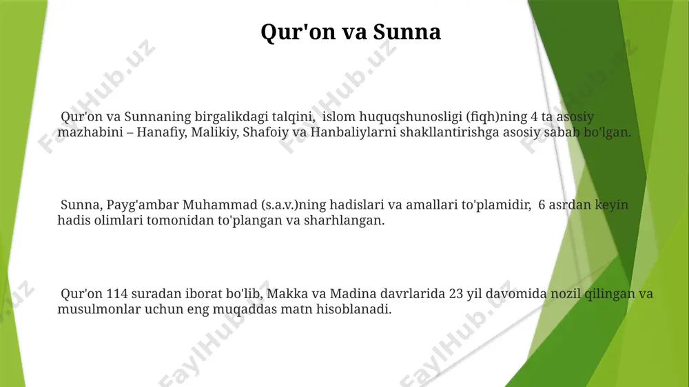 ʼlimotlarning rivojlanishiga katta hissa qoʻshgan. ashʼariylik va maturidiylik kabi 2 ta yirik sunniy teologiyalarining turli hududlarda, jumladan, markaziy osiyo va yaqin sharqda, turli talqin va rivojlanishlarga ega boʻlganligi. islom huquqshunosligi maktablari ҳанафий мазҳаби, асосан, марказий осиё, туркия ва ҳиндистонда кенг тарқалган бўлиб, 12 та китобдан иборат "ал-фиқҳул-акбар" каби асосий манбаларга эга. мазҳаблар ўртасидаги фарқлар, ҳадис ва қуръон таъбирининг турли талқинларига, шунингдек, географик жойлашиш ва тарихий шароитларга боғлиқ 300 дан ортиқ фиқҳий масалаларда намоён бўлади. ислом ҳуқуқшунослигидаги 4 мазҳаб (ҳанафий, моликий, шафиъий ва ҳанбалий) 8-10-асрларда шаклланган бўлиб, бугунги кунда ҳам мусулмон жамиятида ҳуқуқий масалаларни ҳал этишда муҳим аҳамиятга эга. islom va zamonaviy muammolar islomning 1,5 milliarddan ortiq tarafdorlari bo'lganligi, dunyoning 200 dan ortiq mamlakatida tarqalganligi va zamonaviy global muammolarni hal qilishda uning roli tobora muhim bo'lib borayotganligini ko'rsatadi. saudiya arabistoni, misr va turkiya kabi mamlakatlardagi islom olimlari va siyosatchilarining zamonaviy muammolarga yondashuvlari turlicha bo'lib, bu esa islomning turli talqinlari va mazhablari …