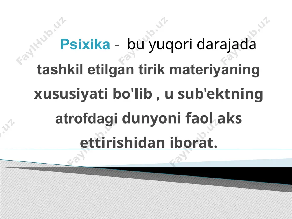 lash; 2 asboblar ishlab chiqarish; 3 til va nutq 4 o'z-o'zini anglash (o'zini anglash) 2. psixika va miya tuzilishi inson asab tizimining tuzilishi markaziy asab tizimi (cns) i. servikal nervlar. ii. torakal nervlar. iii. lomber nervlar. iv. sakral nervlar. v. koksikulyar nervlar. 1. miya. 2. diensefalon. 3. o'rta miya. 4. varoliev ko'prigi. 5. serebellum. 6. medulla cho'zinchoq. 7. orqa miya. 8. bachadon bo'yni qalinlashishi. 9. transvers qalinlashuv. 10. "ot dumi" asab tizimi quyidagilardan iborat: - markaziy asab tizimi - bosh miya - orqa miya - periferik asab tizimi - somatik (ixtiyoriy) asab tizimi - avtonom (ixtiyoriy) asab tizimi - simpatik tizim (tanani qo'zg'atadi va uning energiyasini safarbar qiladi) - parasempatik tizim (tanani bo'shashtiradi va uning energiyasini saqlaydi) neyron - bu asab tizimining strukturaviy va funktsional birligidir. bu hujayra murakkab tuzilishga ega, juda ixtisoslashgan va tuzilishida yadro, hujayra tanasi va jarayonlari mavjud. inson tanasida yuz milliarddan ortiq neyron mavjud. interhemisferik assimetriya …
