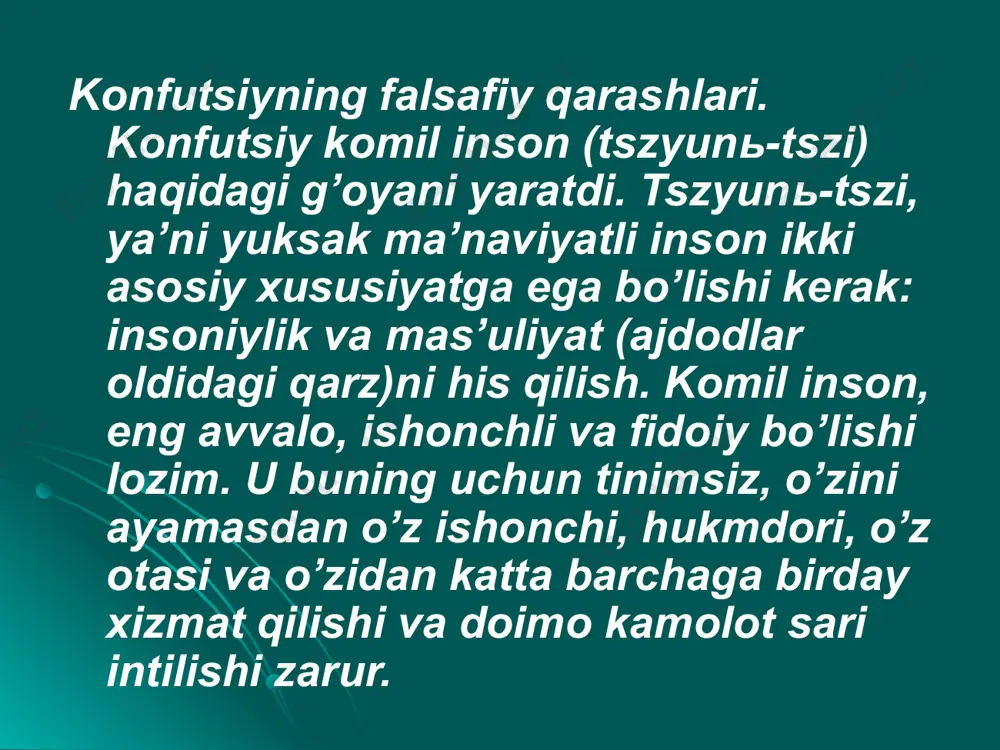 ’z xulosalarini ham berib bayon qilar edilar. mana shu narsa konfutsiychilikning muvaffaqiyatga erishishiga sabab bo’ldi. undan tashqari uning muvaffaqiyatiga sabab bo’lgan omillardan yana biri konfutsiychilarning o’zlari foydalangan qadimgi kitoblar, she’rlar, risolalarni yig’ib o’quvchilariga o’rgatganliklaridir. bu ishning asosiy qismi konfutsiyning o’zi tomonidan bajarilgan edi. u turli podshohliklarda mavjud bo’lgan uch mingdan ortiq qadimiy qo’shiqlar, yozuvlarni jamlab, ularni qayta tahrir qilgan edi. konfutsiy va uning shogirdlari tomonidan tahrir qilingan asarlar keyinchalik konfutsiychilikning asosiy manbalariga aylandi. mil. av. iv-iii asrlarga kelib konfutsiy ta’limoti ancha keng tarqaldi va katta ta’sir doirasiga ega bo’ldi. xanь sulolasi davriga kelib (mil. av. iii-ii asrlar) konfutsiychilik davlat mafkurasi darajasiga ko’tarildi. xanь podshohlari konfutsiy ta’limotlarini to’liq qabul qilmagan bo’lsalar-da, uning kuchini, jamiyatda egallab ulgurgan mavqeini e’tirof qilgan holda undan davlat boshqaruvida foydalandilar konfutsiy nomining ilohiylashtirilishi. konfutsiy o’zi yashab ijod etgan joy – tsuyfuda vafot etgandan keyin uning qabri yaqinida bir ibodatxona qurdilar. ibodatxonaga konfutsiyning shogirdlari va yaqinlari tomonidan uning …