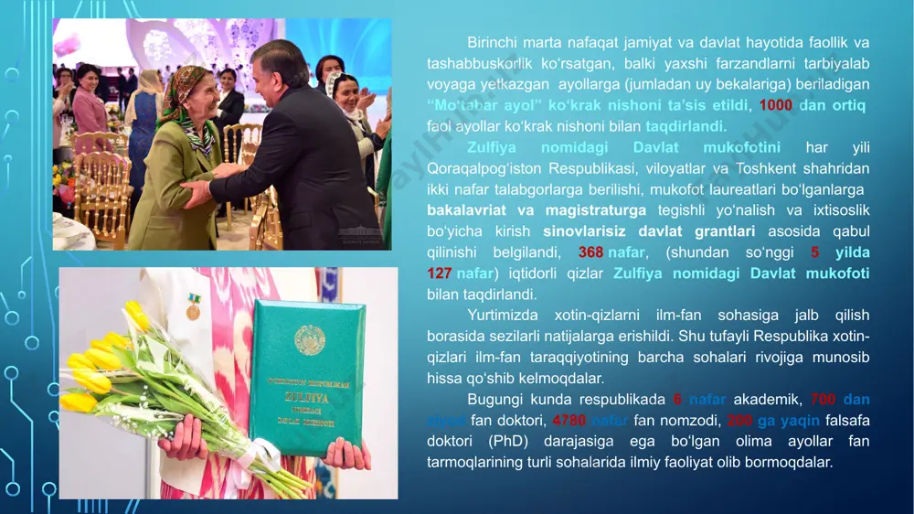 irildi, 20 mingdan ortig‘ining nikohi qonuniylashtirildi, 6 mingga yaqin oilaning notinchligiga barham berildi. xotin-qizlar huquqiy madaniyatini, ijtimoiy faolligini oshirishga, ular o‘rtasida sog‘lom turmush tarzini targ‘ib qilishga yo‘naltirilgan, xotin-qizlarga bog‘liq statistik ma’lumotlar jamlanadigan “aziz-ayol.uz” yagona interaktiv milliy platformasi ishga tushirildi. xotin-qizlarning og‘irini yengil qilish, ularni ijtimoiy qo‘llab-quvvatlash – oliy maqsad xotin-qizlarni qo‘llab-quvvatlash, ular bilan manzilli ishlash maqsadida “ayollar daftari” tizimi joriy etildi. xotin-qizlarning oliy ta’lim olish imkoniyatlari kengaytirildi, oliy o‘quv yurtlariga qabul qilishda ehtiyojmand oilalar qizlari uchun grantlar joriy etildi. 2021/2022 o‘quv yilidan boshlab bazaviy to‘lov-kontrakt asosida davlat oliy ta’lim muassasasiga qabul qilingan, ota-onasi yoki ularning biridan ayrilgan muhtoj qizlar, boquvchisi yo‘q yolg‘iz ayollarni qoraqalpog‘iston respublikasi vazirlar kengashi, viloyatlar va toshkent shahar hokimliklari hamda davlat oliy ta’lim muassasalari hisobidan o‘qitish tartibi joriy etildi. xususan, mazkur tizim orqali 2021-yilda 900 mingga yaqin xotin-qizlarga ijtimoiy-iqtisodiy, tibbiy, huquqiy va psixologik ko‘maklar berildi. ushbu tadbirlarni moliyalashtirish uchun 2 trillion so‘mga yaqin mablag‘ yo‘naltirildi. “ayollar daftari”ga …