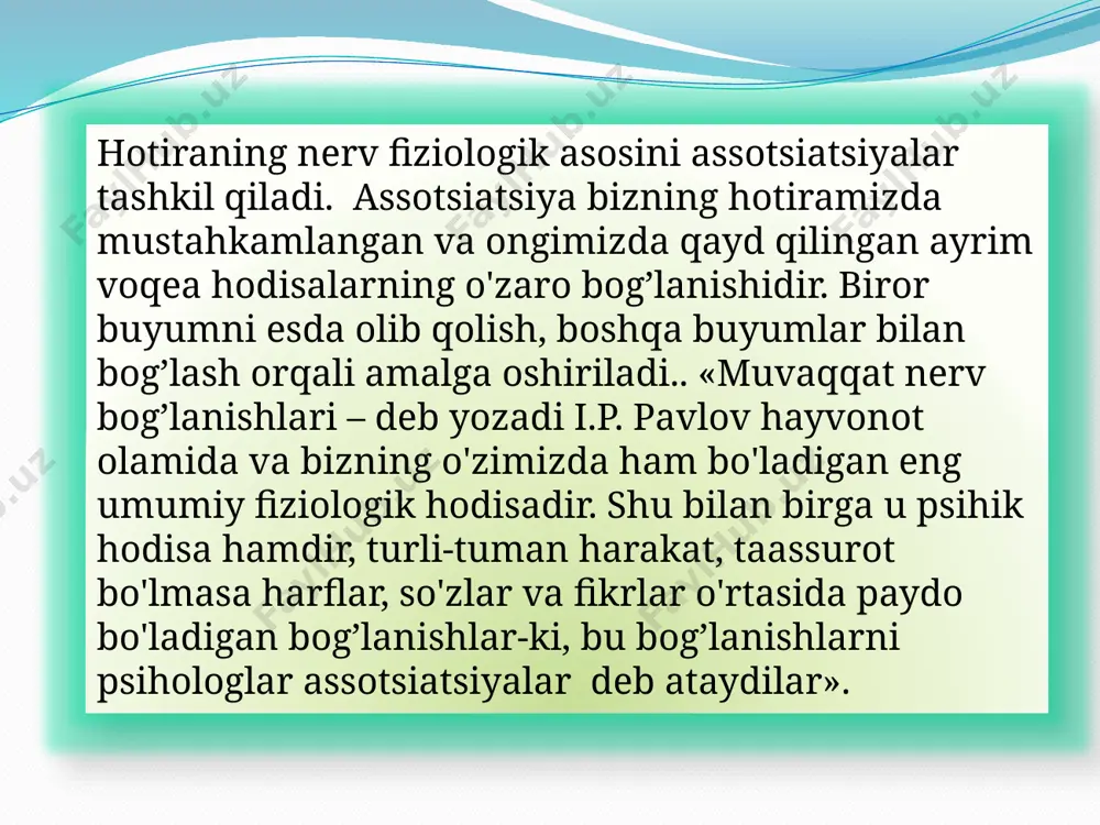 judga kelishidir. esda qoldirish o'zining faolligi jihatidan ikkiga bo'linadi: a) ihtiyorsiz esda qoldirish- oldindan maqsad quyilmaydi, mavzu tanlanmaydi va iroda kuchi sarflanmaydi. b) ihtiyoriy esda qoldirish- oldindan maqsad qo'yib mavzu belgilanadi. ihtiyoriy esda qoldirishda quyidagi turli usullardan foydalaniladi: maqsad qo`yish, masalan, institutga kirish oldidagi maqsad; o‘quv materiallarini tushunib esda qoldirish; esda qoldirishning ratsional usullaridan foydalanish, masalan, esga tushirish yo'li bilan esda qoldirish psihologiya fanida esda olib quyidagi turlari mavjud: ma'lumot, habar, taassurot, ahborot va materiallarni eshitish orqali idrok qilish hamda esda olib qolish egallash yoki o'zlashtirish zarur bo'lgan materiallarni ko'rib idrok qilish materiallarni harakat yordamida va eshitish orqali idrok idrok qilish hamda esda olib qolish aralash holatda esda olib qolish, eshitish, ko'rish, harakat kabilar orqali idrok qilish va esda olib qolish yoki bir nechta ta'sir etuvchilar yordamida aks ettirish esda olib qolish jarayoni deganda sezgi, idrok, tafakkur, ichki kechinmalarni hotirada saqlanish hususiyati tushuniladi. esga tushirish -o'tmishda idrok qilingan narsalar, his-tuyg`u, …