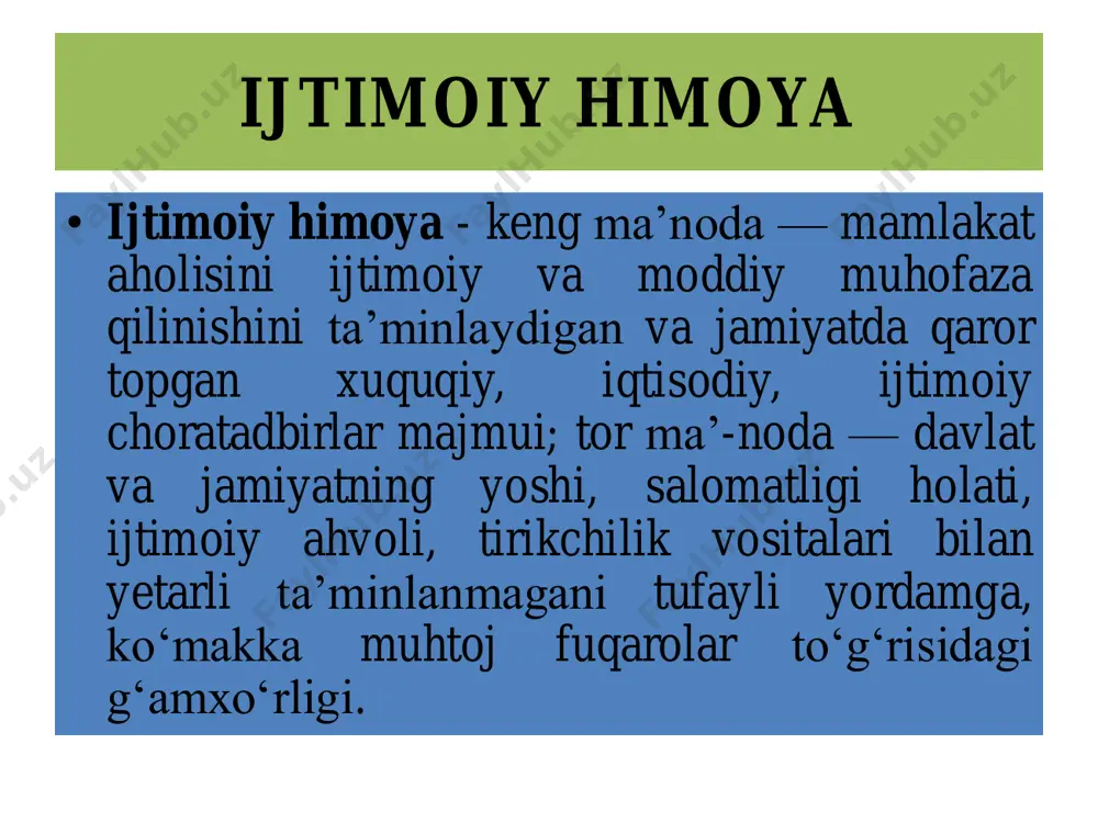 imoiy holatiga ko’ra oilali oila qurmaganlar ajrashga nlar boquvchisi yo’qlar 4 yolg’iz onalar beva ayollar yashash sharoitiga ko’ra qarindoshlari uyida ijarada noturar joylarda o’z uylarida ijar a yotoqxonala rda 5 o‘zbekiston respublikasi “korrupsiyaga qarshi kurashish to‘g‘risida”gi qonunning mazmun-mohiyati. o‘zbekiston respublikasi prezidenti sh.m.mirziyoуevning 2020-yil 24-yanvar kuni o‘zbekiston respublikasi oliy majlisiga qilgan murojaatnomasida taʼkidlaganidek, “jamiyatimizda korrupsiya illati o‘zining turli ko‘rinishlari bilan taraqqiyotimizga g‘ov bo‘lmoqda. bu yovuz baloning oldini olmasak, haqiqiy ishbilarmonlik va investitsiya muhitini yaratib bo‘lmaydi, umuman, jamiyatning birorta tarmog‘i rivojlanmaydi”. korrupsiyaga qarshi kurashishning ustuvor huquqiy asoslari qator xalqaro huquqiy normalarda • 2003-yil 31-oktabrda qabul qilingan bmtning korrupsiyaga qarshi konvensiyasi; • 2000-yil 15-noyabrda qabul qilingan bmtning transmilliy uyushgan jinoyatchilikka qarshi konvensiyasi; • 1999-yil 27-yanvardagi yevropa kengashining “korrupsiya uchun jinoiy javobgarlik to‘g‘risida” gi konvensiyasi; • 1999-yil 4-noyabrdagi “korrupsiya uchun fuqarolik huquqiy javobgarlik to‘g‘risida”gi konvensiyalari va boshqalar. yangi o’zbekistonda • o‘zbekiston respublikasi prezidentining 2020- yil 29-iyundagi pf-6013-sonli “o‘zbekiston respublikasida korrupsiyaga qarshi kurashish tizimini takomillashtirish …