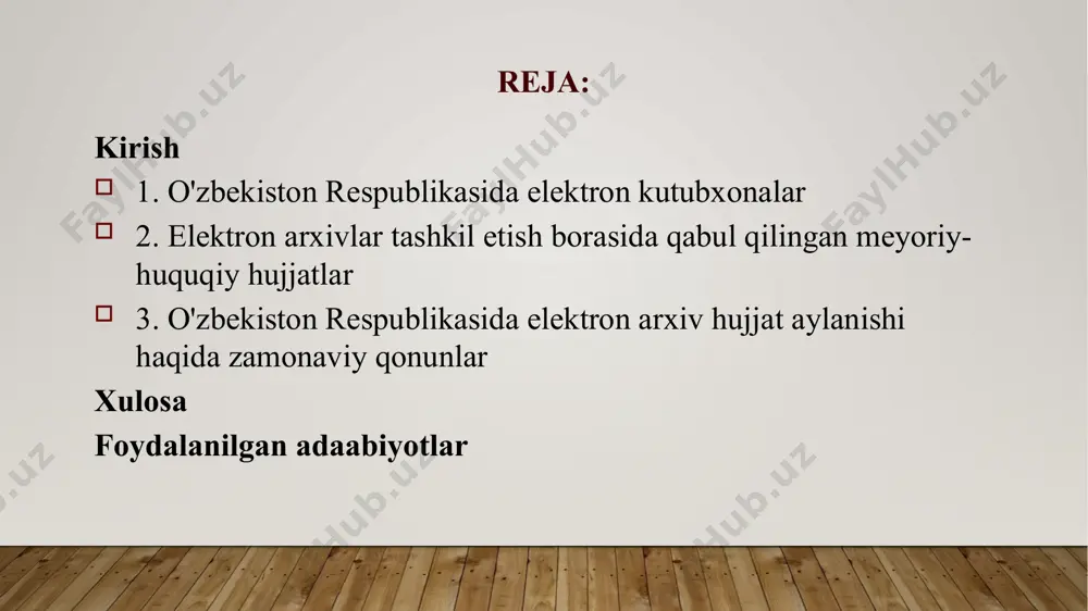 amiyati ko'rib chiqiladi. oddiy qurulmalar ovozli apparatlar teleeshittirishlar informatikadatexnik vositalar internetdan foydalanish bugungi texnologiya zamonida barcha sohalarda bo’lgani kabi ta’lim tizimida ham zamonaviy texnik hamda texnologik tizimlardan foydalanilmoqda. bunday o’qitishda albatta internet ham oziga hos ahamiyatga ega. lekin intetnetdan to’g’ri foydalanish eng dolzarb hamda asosiy muommo bo’lib qolmoqda. elektron taqdimotda internettning roli internetdagi ma’lumotlarning keng hajmdagi hamda yuqori tezlikdagi ahborotlari undan foydalanishning afzallik tomonlaridan hisoblanadi. internetdan foydalanish ta’lim samaradorligini oshiribgina qolmay ta’lim tizimida yangiliklardan habardor bo’lib borish hamda undan to’g’ri foydalanishga hizmat qiladi. tarixiy hujjatlarni raqamlashtirish tarixiy hujjatlarni raqamlashtirish jarayoni arxiv ishida muhim o'rin tutadi. raqamlashtirish orqali qadimiy hujjatlarni saqlash va ularga kirishni osonlashtirish mumkin. bu, nafaqat tarixiy hujjatlarning saqlanishini ta'minlaydi, balki ularni keng auditoriyaga taqdim etish imkonini ham beradi. tarixiy informatika yordamida yaratilgan ma'lumotlar bazalari arxiv ishini yanada samarali qiladi. ma'lumotlar bazalari orqali foydalanuvchilar kerakli tarixiy hujjatlarni tezda topa oladilar. bu jarayon, tarixiy tadqiqotlar uchun zarur bo'lgan ma'lumotlarni izlashni …
