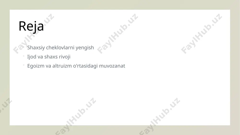 sh usullari yangi g'oyalar va yechimlar topishga yordam beradi. bu jarayon shaxsiy cheklovlarni yengish uchun zaruriy vosita hisoblanadi. ijodiy jarayonlarda shaxsiy o'sishning ahamiyati. 1 ijodiy o'sish ijodiy jarayonlar shaxsning o'sishiga yordam beradi, yangi fikrlar va yondashuvlar orqali o'z imkoniyatlarini kengaytiradi. bu, shaxsiy rivojlanishning muhim qismidir. 2 kichik muvaffaqiyatlar kichik ijodiy muvaffaqiyatlar, shaxsni motivatsiya qiladi va o'ziga bo'lgan ishonchini oshiradi. har bir yutuq, yangi imkoniyatlar va ijobiy o'zgarishlar keltiradi. 3 madaniy ta'sir ijodiy jarayonlar madaniyatning turli jihatlari bilan bog'liq. mahalliy va global madaniyatlar o'zaro ta'sir qilib, shaxsiy o'sishni qo'llab-quvvatlaydi va yangi g'oyalarni keltiradi. ijod va shaxsiy rivojlanish: madaniy ta'sirlar va imkoniyatlar. madaniyat va ijod madaniyat ijodkorlik jarayonida muhim rol o'ynaydi, chunki u shaxsning fikrlarini, qadriyatlarini va hissiyotlarini shakllantiradi, yangi g'oyalar yaratishga yordam beradi. shaxsiy o'sish imkoniyatlari madaniyat, shaxsiy o'sish uchun yangi imkoniyatlar taqdim etadi. u ijodiy fikrlashni rag'batlantiradi va shaxsiy tajribalarni boyitadi, natijada o'z-o'zini rivojlantirishga hissa qo'shadi. ijod va identitet ijod, …