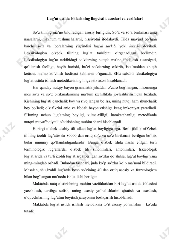 n bog’langan ma’noda ishlatilishi berilgan. maktabda nutq o’stirishning muhim vazifalaridan biri lug’at ustida ishlashni yaxshilash, tartibga solish, uning asosiy yo’nalishlarini ajratish va asoslash, o’quvchilarning lug’atini boyitish jarayonini boshqarish hisoblanadi. maktabda lug’at ustida ishlash metodikasi to’rt asosiy yo’nalishni ko’zda tutadi: 1. o’quvchilar lug’atini boyitish, ya’ni yangi so’zlarni, shuningdek, bolalar lug’atida bo’lgan ayrim so’zlarning yangi ma’nolarini o’zlashtirish. ona tilining lug’at boyligini bilib olish uchun o’quvchi o’z lug’atiga har kuni 8-10 ta yangi so’zni, shu jumladan, ona tili darslarida 4-6 so’zni qo’shishi, ya’ni shu so’zlar ma’nosini o’zlashtirishi lozim. 2. o’quvchilar lug’atiga aniqlik kiritish. bu ichiga quyidagilarni oladi: 1) o’quvchi puxta o’zlashtirmagan so’zlarning ma’nosini to’liq o’zlashtirish, ya’ni shu so’zlarni matnga kiritish, ma’nosi yaqin so’zlarga qiyoslash, antonim tanlash yo’llari bilan ularning ma’nosiga aniqlik kiritish; 2) so’zning kinoyali ma’nosini, ko’p ma’noli so’zlarni o’zlashtirish; 3) so’zlarning sinonimlarini, sinonim so’zlarning ma’no qirralarini o’zlashtirish; 4) ayrim frazeologik birliklarning ma’nosini o’zlashtirish. 3. lug’atni faollashtirish, ya’ni o’quvchilar ma’nosini tushunadigan, ammo o’z …