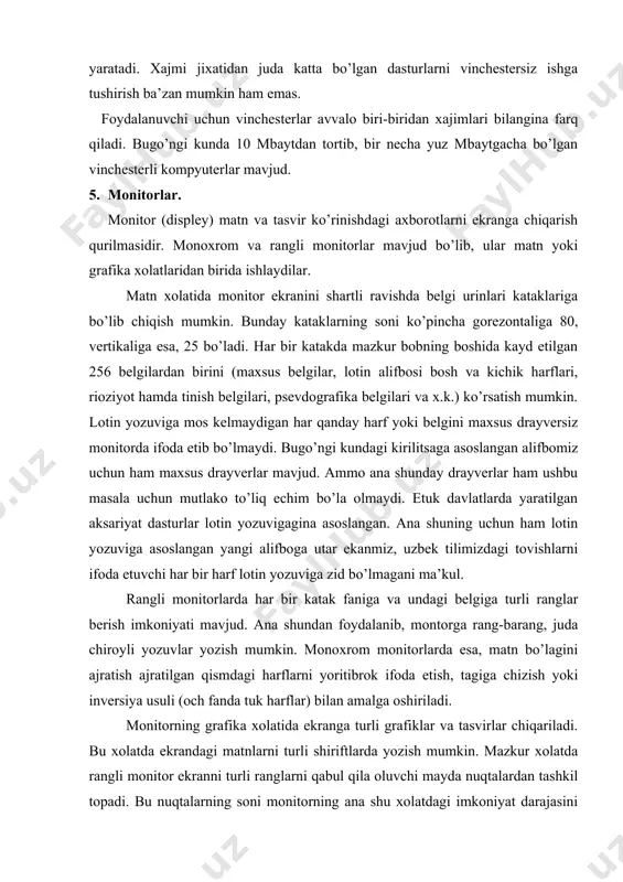 fbo bilan ham ishlashi uchun xotiraga maxsus drayverlarning yuklanishi shart, yuqorida aytilgan xolatlarning almashinuvi esa, ana shu turli drayver-dasturlarda turlicha belgilanishi mumkin. masalan: chap va o’ng [shift] tugmalarining baravar bosilishi, [alt] tugmasining bosilishi. bizningcha, uzga alifbo xolatiga o’tish uchun o’ng [alt] tugmasidan foydalanish, ỳ,í,g,x harflarini kiritish uchun esa, kirillitsa xolatida [ctrl] tugmasi bilan birgalikda mos ravishda u,k,g,x tugmalaridan birini bosish mukammalrokdir. klaviaturada raqam, turli belgi va harfli tugmalardan tashqari maxso’z xizmatchi tugmalar ham mavjud: 1. [return] turlari satrni tugallash va kiritish uchun xizmat qiladi. masalan, kiritish satrida ms dos buyrugi yozilgach, mazkur tugmalardan birini bosish kerak. 2. [del] – kursor o’rnida turgan belgini o’chirish tugmasi. 3. [ins] – uchirib yozish yoki surib yozish xolatlariga o’tkazish tugmasi. birinchi xolatda taxrirlanayotgan harf uchirilib, uning o’rnini kiritilgan harf egallaydi. ikkinchi xolatda esa, satrdagi kursordan boshlab o’ngdagi barcha harflar o’ngga bittaga surilib, taxrirlanayotgan harfning avvalgi o’rnini kiritilgan harf egallaydi. 4. [bs] (back space) – …