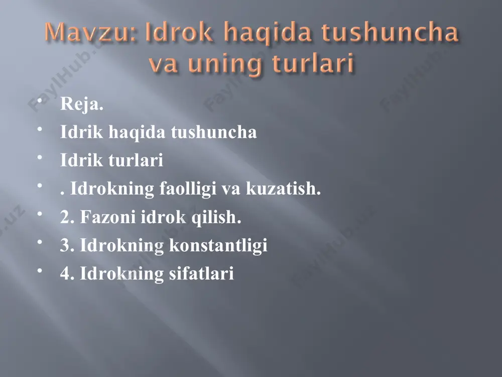 h, teri, muskul harakat organlari bilan idrok qilinadi. fazoni bir ko'z bilan va ikki ko'z bilan idrok qilamiz. vaqtning "tez" yoki "sekin" o'tishni kishining vaqtga va diqqat yo'naltirilgan ob'yektga munosabatiga ham bog'liq. masalan, biror darsning o'tilishi, kinofilmni ko'rish, avtobus yoki biror kishining kelishini kutish va hokazo. odamlar vaqtning ob'yektiv belgilari va uning oralig'ini noto'g'ri farqlashga imkon beradigan bir narsalar oy, quyosh, yulduzlar harakatidan foydalanib kelganlar. harakatni bevosita ko'rish orqali idrok qilish ikki xildir: 16 бу тасвирда нима акс этган деб ўйлайсиз? * бу тасвирни диққат билан таҳлил қилинг! * yuqorida ko’rsatib o’tilganidek, idrokning sifati uchun tuyg’u-hislar, diqqat va tafakkurning ahamiyati katta. idrok­ning aniqligi, ravonligi, fahmlanganligi diqqat va tafakkurning taraqqiyot darajasiga bog’liq. illyuziyalar tafakkur orqali tekshiriladi, aniqlanadi va shu tariqa idrokning aniqligiga erishiladi. shuning uchun pedagog yangi materialni bayon qilishda avvalo o’quvchilarda mavjud tasavvur va bilimlarini hisobga olishi kerak. didaktikaning «ma’lumdan noma’lumga» degan asosiy qoidasidan, avvalo, o’quvchilarning o’quv materialini tez, to’la, …