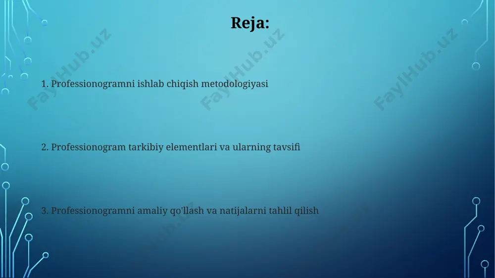 imlarini, tajribalarini va fikrlarini chuqur o'rganish muhimdir, bu professionogrammani aniqlashtirishga yordam beradi. axborotni tahlil qilish va umumlashtirish axborotni tahlil qilishda kamida 3 ta manbadan ma'lumot olish va ularni solishtirish orqali ishonchlilikni ta'minlash muhim, bu esa professionogramma aniqligi uchun 15% ga yaxshilanadi. sifat va miqdor tahlili usullarini qo'llab, 100 dan ortiq so'rovnoma natijalarini tahlil qilish orqali kalit kompetensiyalar aniqlanadi va professionogrammaning asosiga qo'yiladi. kasbogrammalarning tuzilishi va tarkibi kasbogrammalar odatda 3 ta asosiy qismdan: malaka talablari, kasbning vazifalari va ish sharoitlari bo'limlaridan iborat bo'lib, har biri o'z ichiga 5-10 ta konkret ko'rsatkichlarni o'z ichiga oladi. muvaffaqiyatli kasbogramma kamida 15 ta muhim malaka va kompetensiyalarni, shuningdek, 5 tadan kam bo'lmagan ish tajribasi va martaba o'sish yo'llari variantlarini aks ettirishi kerak. sifat nazorati va baholash professionogramning sifatini baholashda 5 balldan 1 ballgacha bo'lgan shkala asosida kompetensiyalarni aks ettirish darajasi va aniqligi hisobga olinadi. nazorat jarayoni kamida 3 bosqichdan: rejalashtirish, monitoring va baholashdan iborat bo'lib, …