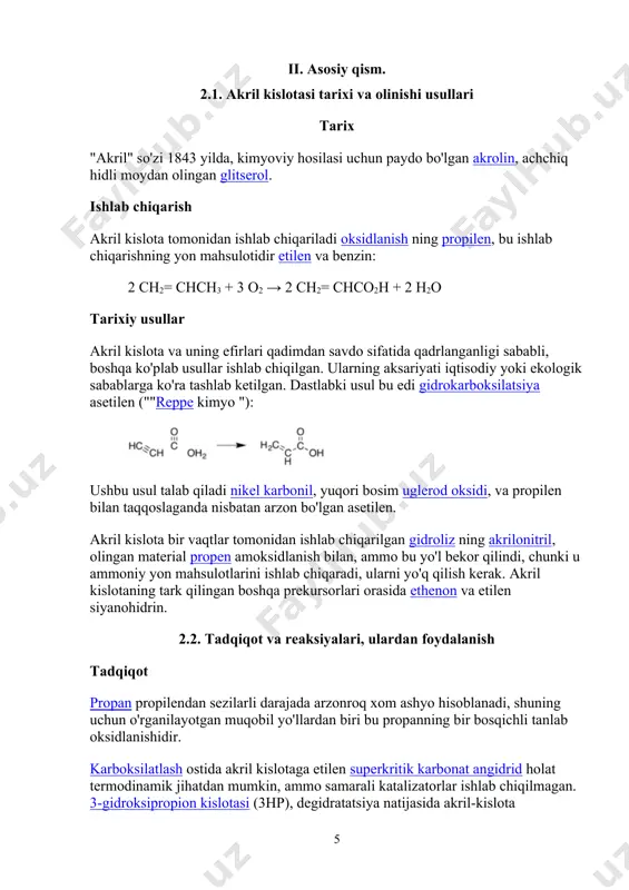 lerian kislota — valeriana o‘simligining ildizidan olingan. sistematik nomenklaturaga ko‘ra kislotalarning nomi tegish-li uglevodorod nomiga kislota so‘zini qo‘shish bilan hosil qili-nadi: h cooh ch3 cooh metan kislota etan kislota ch3 ch2 cooh ch3 ch cooh ¦ propan kislota ch3 2- metilpropan kislota to‘yingan karbon kislotalarda aldegidlardagi singari izome-riyaning ikki turi: uglerod skeletining va karboksil gruppaning zanjirda turlicha joylanishidan kelib chiqadigan izomeriyasi mavjud: ch3 ch2 ch2 ch2 cooh ch3 ch2 ch cooh pentan kislota ¦ ch3 2- metilbutan kislota 1 0 3 ch3 ¦ ch3 ch ch2 cooh ch 3 – c – cooh ¦ ¦ ch3 ch3 3- metilbutan kislota 2,2- dimetilpropan kislota olinish usullari. 1. birlamchi spirtlar oksidlanganda dastlab aldegid, so‘ngra kislota hosil bo‘ladi. bunda uglerod atomlarining soni o‘zgarmaydi: +(o) o +(o) o r ch 2 ohr c h r – c oh -h2 o 2. gemigaloidli uglevodorodlar, orto-efirlar, amidlar, kis-lota angidridlari va xlorangidridlari gidrolizlanishidan hosil bo‘ladi. r –ccl …