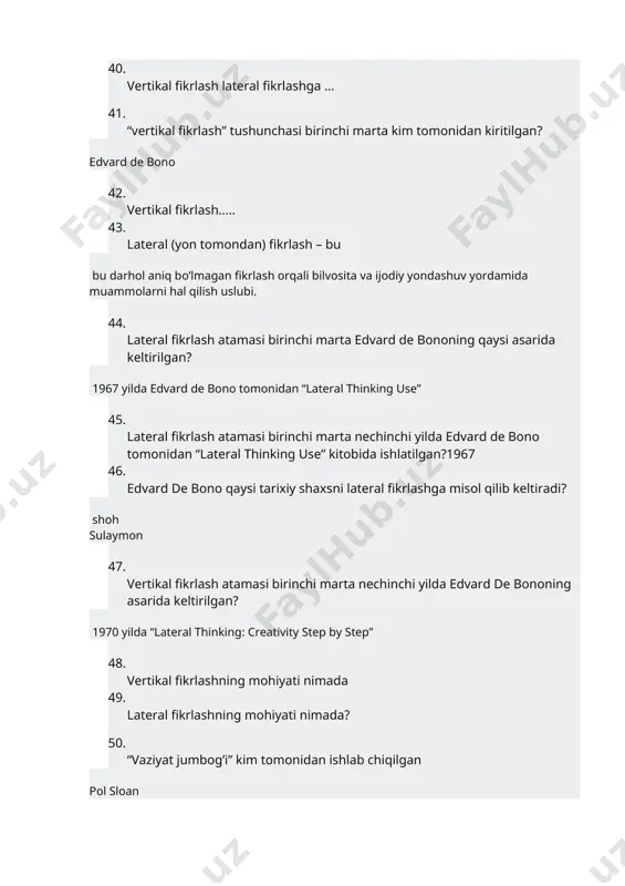 sh imkoniyati; 54. kreativlikning “4 p” modeliga kiruvchi omillarni toping ijodkorlik (kreativlik) nazariyalari turli omillarga e’tiborni qaratgan. dominant omillar 4p sifatida belgilanadi - shaxs, jarayon, mahsulot va bosim. 55. kreativlikning “4 p” modeli bosqichlari kim tomonidan ishlab chiqilgan? grem uollas 56. eng qadimiy jarayon modellari kim tomonidan ishlab chiqilgan? eng qadimiy jarayon modellaridan biri ingliz ijtimoiy psixologi grem uollas 57. bosim tarkibiga nimalar kiradi? tashkiliy madaniyat, resurslar va ilg’or tajribalar. 58. kreativ shaxs xislatlarini ko'rsating 10 xislat 59. kimning iqtidorli bolalarni o’rganish bo’yicha tadqiqotida, "masalan, iq darajasi yuqori bo’lgan bolalar umuman hayotda yaxshiroq ishlashlarini ko’rsatdilar, ammo iq juda yuqori bo’lganlar aynan ijodiy daholar emas edilar"? lyuis terman 60. 1870 yillarda gazeta va printerlar juda g’alati va juda qimmatga tushadigan muammoga duch kelishdi. ushbu muammoning yechimini kim ixtiro qilgan? frederik eugene ives 61. ijodiy mahsulotlarning eng asosiy ikki xususiyatini ko'rsating. yangilik va foydalilik 62. "yondashuv“ tadqiqot bazasi sifatida nimani anglatadi? 63. …
