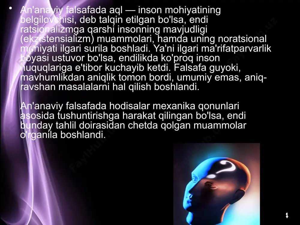 n hayotidan kimdir o'z maqsadlarini amalga oshirish uchun vosita sifatida foydalanishi mumkin emas. erkin mavjudot deganda, kant izdoshlari o'zi xohlagan ishlarni qiluvchi kishini emas, balki jamotchilik manfaatiga qarshi yurmaydigan, unga zid ish qilmaydigan, ammo o'z haq-huquqlarini yaxshi biladigan insonni nazarda tutadilar page ‹#› shundan so'ng postpozitivizm (ya'ni keyingi pozitivizm) vakili k. popper falьsifikatsiyalash metodini ilgari surdi. bunga ko'ra, inson ba'zi nazariy bilimlarning xaqiqatligini emas, xato ekanligini isbotlashi kerak. oxir-oqibatda neopozitivizm vakillari falsafa bilimlarning xaqiqiyligini mantiqiy — lingvistik usul orqali isbotlashi va sistemalashtirishi kerak, degan xulosaga keldilar. xx asrning 60 — 70 yillariga kelib, neopozitivizmning mavqei kamayib, asosiy o'ringa strukturalizm va germenevtika chiqdi. page ‹#› strukturalizm (asosiy vakillari levi — stross va fuko) bilishda strukturaviy usulning ahamiyatini mutlaqlashtiradi. bu oqim tarafdorlari narsa va hodisaning strukturasini bilish uning ob'ektiv mohiyatini bilish demakdir, deb hisoblaydilar. masalan levi-stross mifologik tafakkurni tahlil etib, turli joylarda yashagan qadimgi qabilalar va xalqlar yaratgan afsonalarning umumiy strukturaga ega …