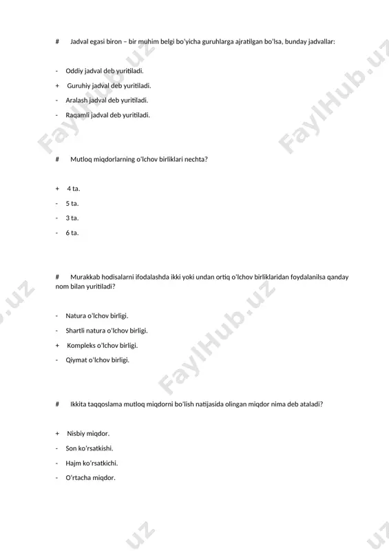 q = q1 : q 0 + i qp = σq1 p1 - σq0 p0 - i q = σq1 p0 # turli ob’yekt yoki hududlarga tegishli iqtisodiy hodisalarning o’zaro nisbatini ifodalovchi indekslar qanday nomlanadi? - dinamika indekslari. + xududiy indekslar. - analitik indekslar. - o’zgaruvchan indekslar. # statistik bog’lanishlar deb qandy bog’lanishga aytiladi? + o’zgaruvchining birontasi ikkinchisini o’zgarishiga ayrim ehtimollik bilan, ma’lum chegarada tasir etishi sezilsa. - o’zgaruvchining birontasi ikkinchisining o’zgarishiga to’liq ta’sir etishi sezilsa. - o’zgaruvchining birontasi ikkinchisining o’zgarishiga ta’sir etmasligi sezilsa. - o’zgaruvchining birinchisi ikkinchising o’zgarguncha teskari ta’sir etishi sezilsa. # makroiqtisodiy statistika: - uy xo’jaligini yaxlit o’rganadi. + jaxon iqtisodini yaxlit o’rganadi. - firma iqtisodini yaxlit o’rganadi. - korxona iqtisodini yaxlit o’rganadi. # quyida qayd qilingan institutsional birliklarning qaysi biri tovar ishlab chiqarish va xizmat ko’rsatish sektoriga taalluqli? - banklar. - o’quv yurtlari. - bojxona. + firmalar. # quyida qayd qilingan institutsional birliklarning qaysi biri davlat …