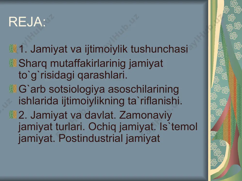 birinchi boshlig’i, - deb ta'kidlagan forobiy, shu shahar aholisiga imomlik qiluvchi oqil kishi bo’lib, u tabiatan un ikkita xislat – fazilatni o’zida birlashtirgan bo’lishi zarur». fransuz faylasufi ogyust kont (1798 - 1857). uning «pozitiv falsafa kursi» asarining uchinchi tomi bevosita «sotsiologiya» ga bag’ishlangan. u birinchi bor jamiyat hayotini o’rganish vazifasini bajaradigan «sotsiologiya» tushunchasini qo’llagan. o. kont uz t'minotini pozitiv, ya'ni ilmiy asoslangan falsafa deb baxoladi. dastlab pozitiv bilim matematika, fizika, astronomiya, ximiya, keyinchalik biologiya soxasida qo’llanildi. keyinchalik sotsiologiyada qo’llanilishi esa – uning eng yuqori darajaga erishganligini bildiradi. «pozitiv usul» ilmiy kuzatishlar, eksperiment va taqqoslash usullari yordamida to’plagan emperik ma'lumotlarni nazariy tahlil qilishni ifodalaydi.