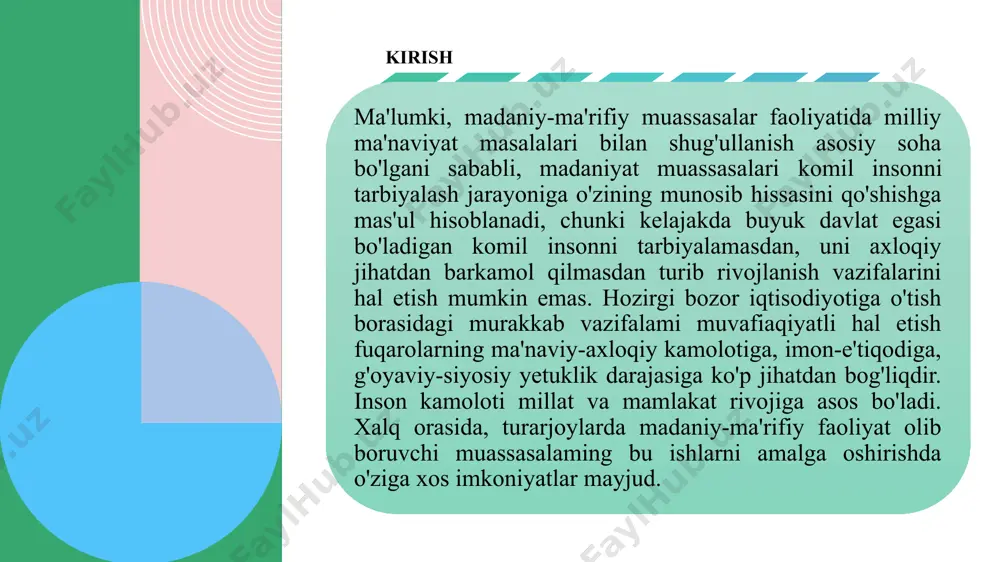 chunki istilochilar, eng avval, o'z mustamlakasidagi xalqning ma'naviy o'zligini yo'q qilishga intiladi. millatning ma'naviy o'zligini esa milliy ong, ruh, an'analar, til, din, adabiyot, axloq, ilm-fan, ma'rifat kabi ma'naviy qadriyatlar vujudga keltiradi. respublikamiz mustaqillikka erishgandan so'ng eng dastlabki ishlardan biri, bu - tarixiy-ma'naviy qadriyatlarni tiklash bo'ldi. “mustaqilligimizning dastlabki kunlaridanoq ajdodlarimiz tomonidan ko'p asrlar mobaynida yaratib kelingan g'oyat ulkan, bebaho ma'naviy va madaniy merosni tiklash davlat siyosati darajasiga ko'tarilgan nihovatda muhim vazifa bo'lib qoldi”, deb ta'kidlagan edi o'zbekiston respublikasining birinchi prezidenti i.a.karimov. darhaqiqat, mustaqillik tufayli amalga oshirilgan tarixiy buyuk ishlardan biri – bu xalqimizning ma'naviy merosini tiklana boshlagani bo'ldi. mustaqil o'zbekistonda ma'naviy islohotlar negizida milliy qadriyatlarning tiklanishi. ma'naviy qadriyatlarimizni tiklash o'z-o'zidan bo'layotgani yo'q, albatta. u, eng avvalo, mustaqillik sharofati bilan vujudga kelgan tarixiy ehtiyojlar asosida ma'naviyat va ma'rifat sohasidagi islohotlar zamirida sodir bo'lmoqda. ma'naviy sohadagi islohotlar doirasida muhim ishlaramalga oshirila boshladi. eng muhimi, respublikamizda “ma'naviyat va ma’rifat” kengashi tuzildi va uning markazlariga …