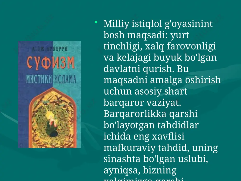 oq-odob me’yorlari haqida ma’lumotlar olinadi. tariqat, albatta, ustoz (pir, murshid) bilan birga egallanadigan bosqichdir. bunda solih o’z ixtiyori, irodasini pir qo’liga beradi. tariqatning irodat deyilishiga sabab ham shuvdadir. «ma’rifat» arabcha «arafa» so’zidan olingan, uning ma’nosi «bilmoq»dir. bunda darveshlik darajasiga etish, barcha azob-uqubatlarga toqat etish, pok xislatlarni izlash, ollohni tanish, shariat va tariqatning barcha shartlariga amal qilish, bu dunyodan yuz o’girish, oxiratni afzal bilish, haqiqat sirlaridan ogoh bo’la borish ko’zga tashlanadi. bu bosqichga erishgan zohid dunyoning hamma jismida, har bir voqea-hodisada olloh irodasini, uning sifatlarini ko’ra oladi. ammo bu hali o’zlashtirishning aql bilan bog’langan bosqichi hisoblanadi. ilohiy xislatlarni anglashda yolg’iz aqpning kuchi ojizlik qiladi. yusuf xos hojibning «qutadg’u bilig» asarida dastlab kuntug’di va oyto’ldi — ikki donishmand dunyo hodisalari haqida suhbatlashadi. oyto’ldi vafotidan so’ng uning o’g’li o’gdulmish ayni jumboqlar ustida bosh qotiradi. uning aql timsoli ekanligini nazarga olaylik. adib shu uch obraz bilan kifoyalanmaydi. balki, zohid— o’zg’urmish obrazini ham kiritadi. demak, …